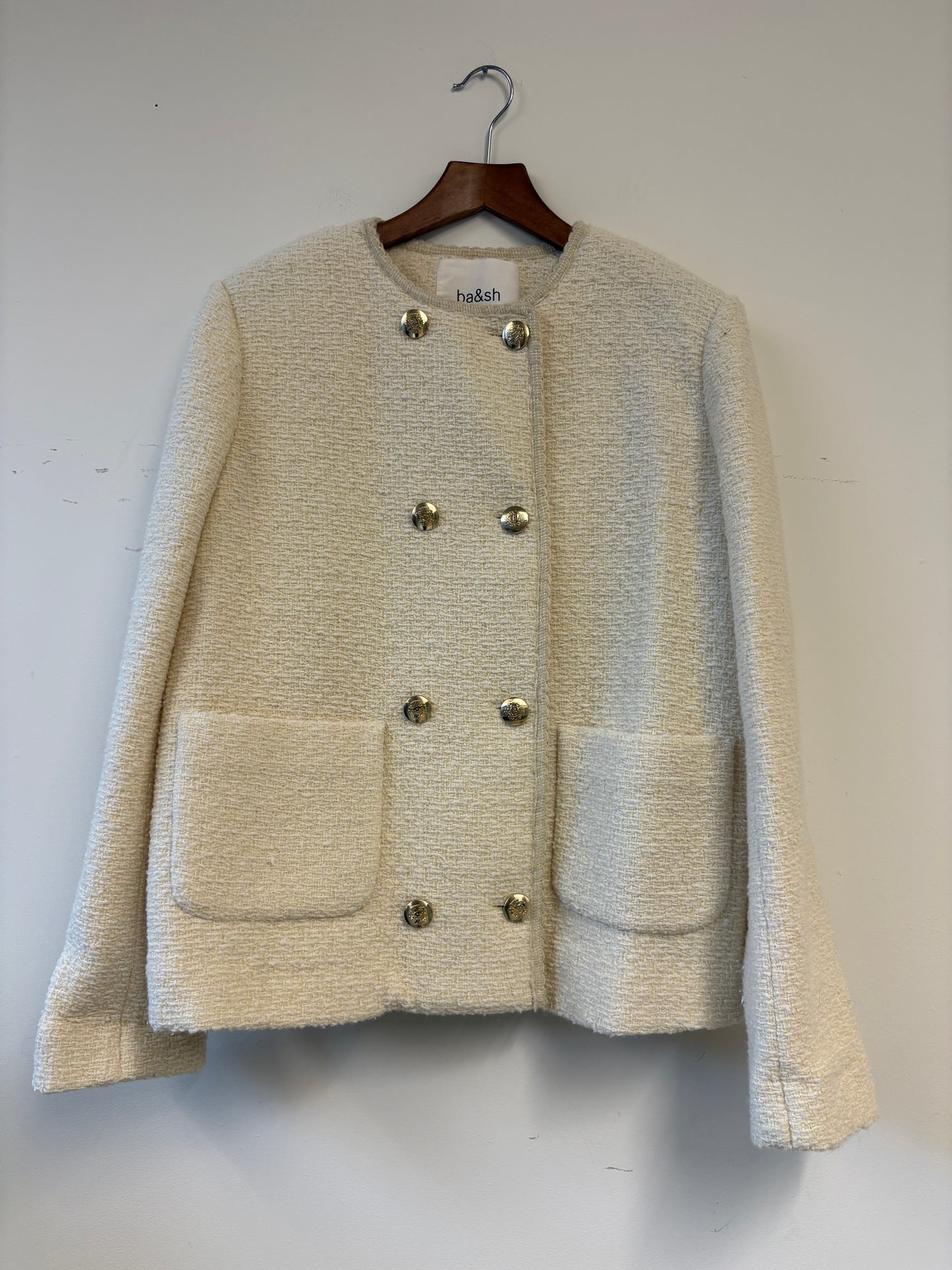 BA&SH Cream Tweed Blazer With Gold Buttons
