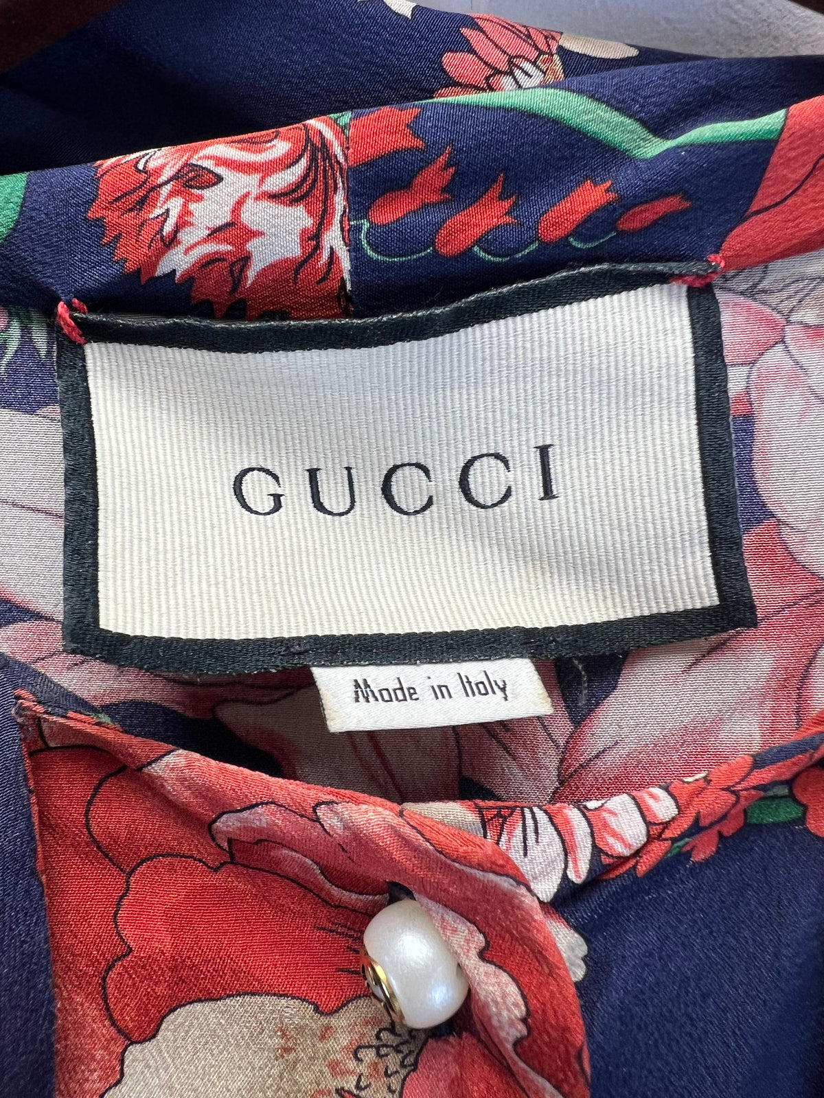 Gucci Navy Blue Floral Necktie Blouse