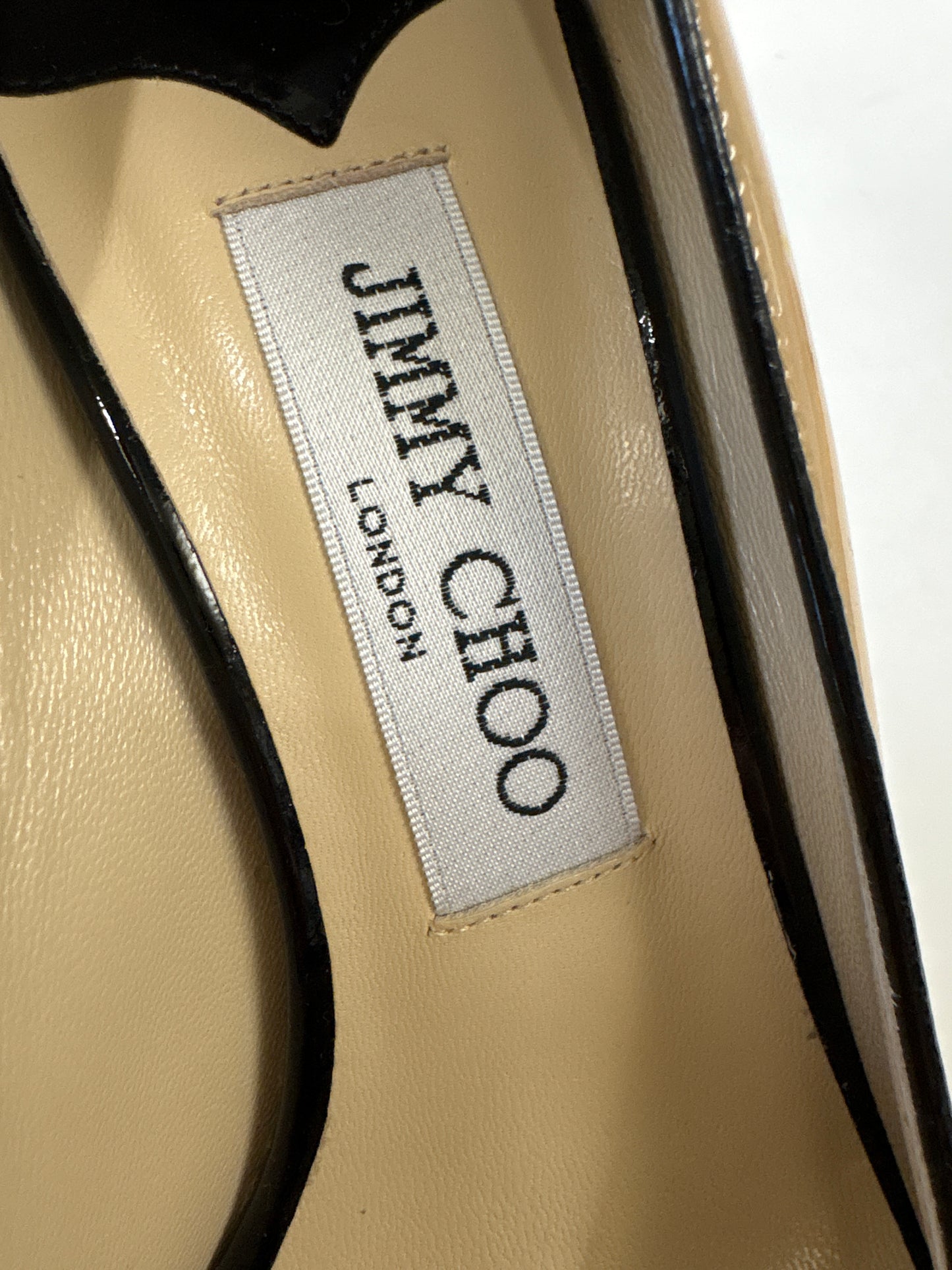 Jimmy Choo Patent Leather Nude/Black Peep Toe Pumps 113oona