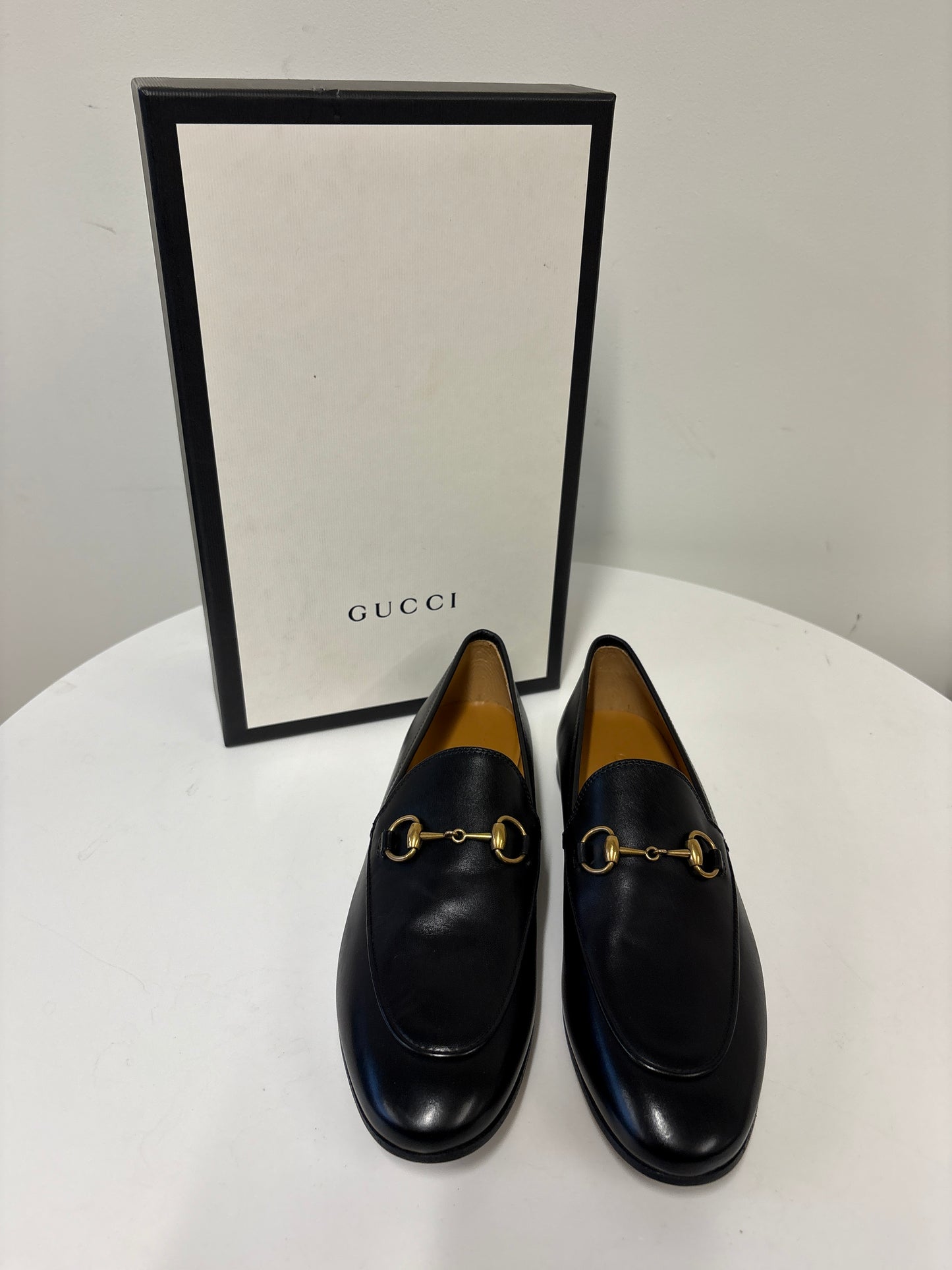 Gucci Black Leather Gold Horsebit Loafers