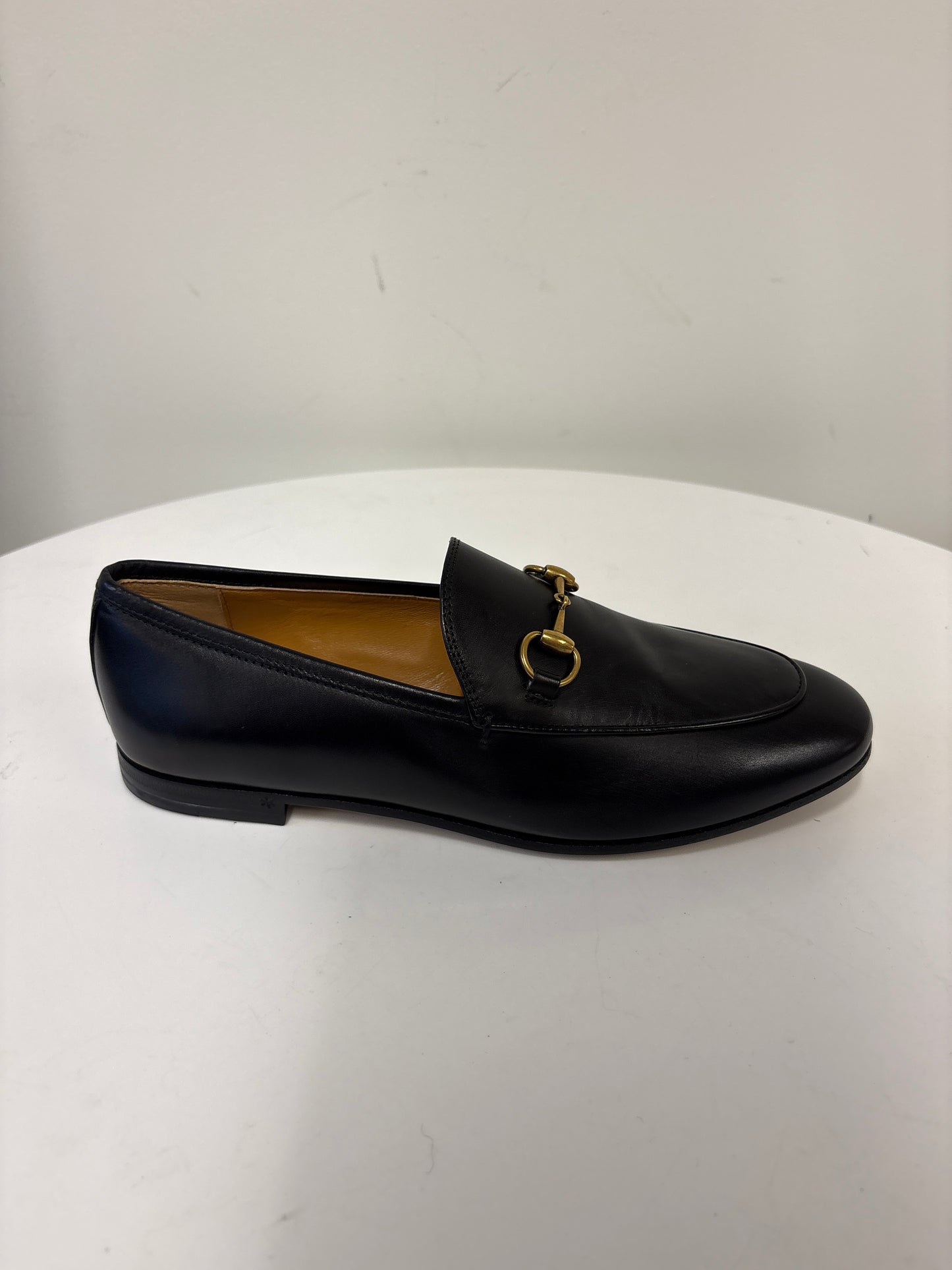 Gucci Black Leather Gold Horsebit Loafers