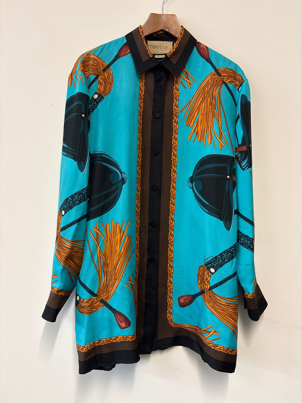 Gucci Turquoise Blue Silk Equestrian Print Shirt And Trouser Co-ord