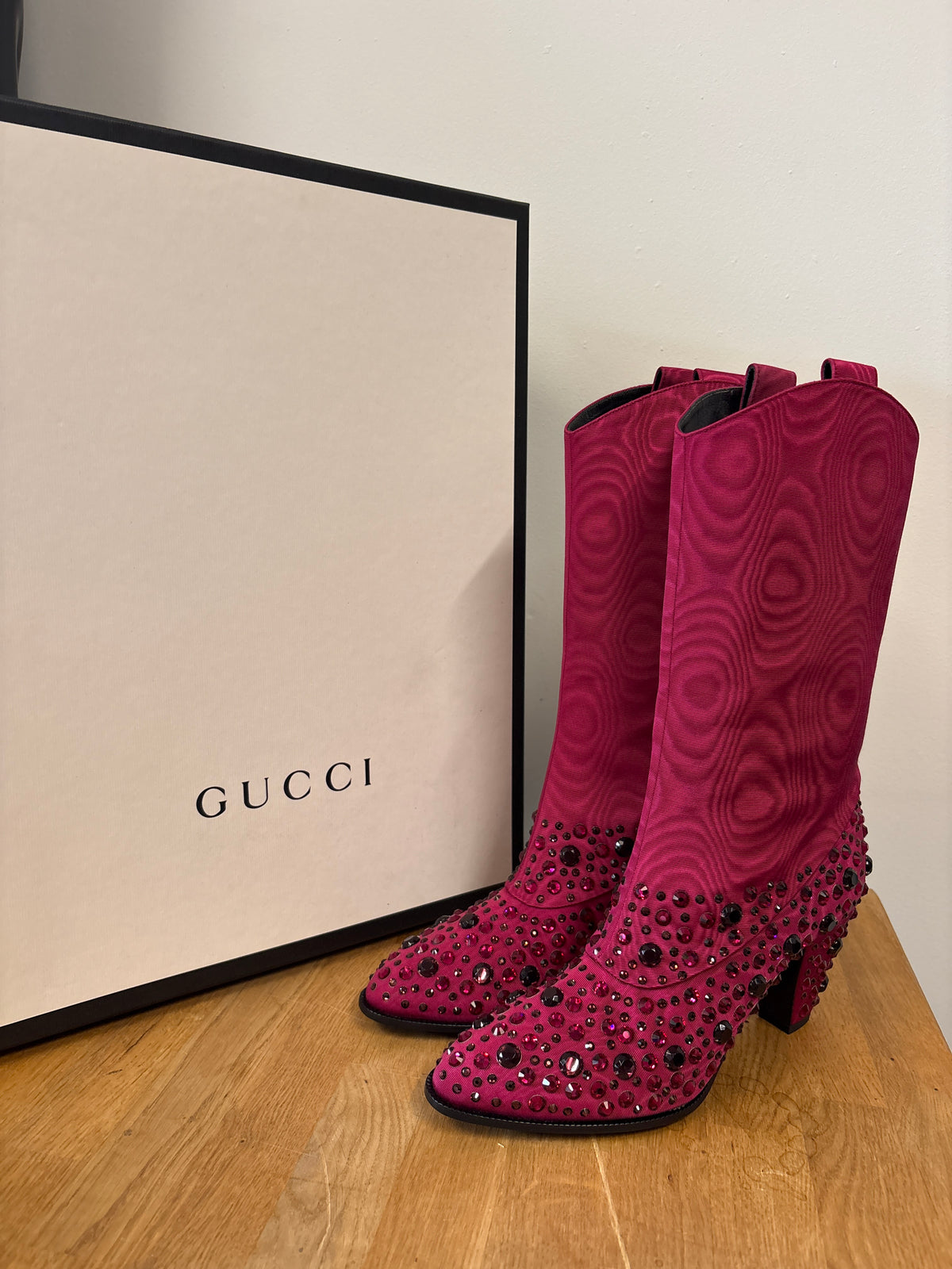 Gucci Dark Pink Moiret Crystal Cowboy Boots