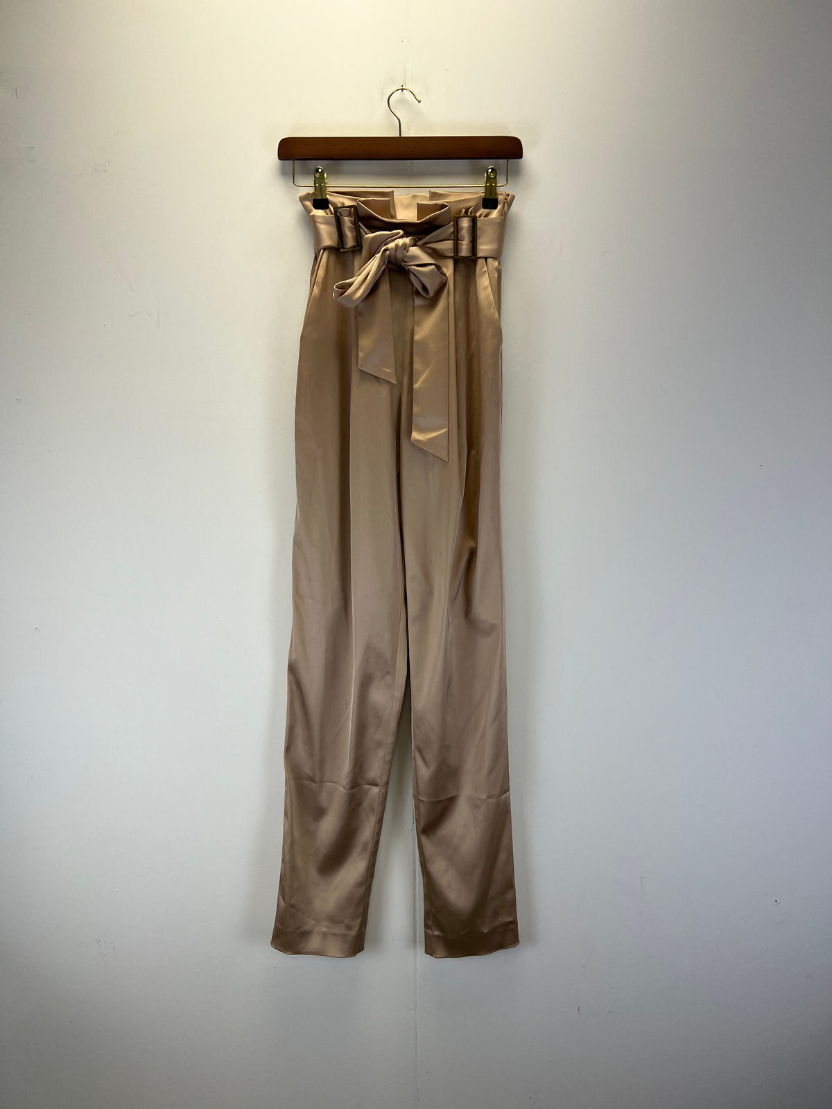 Sally Lapointe Beige Satin Belted Trousers