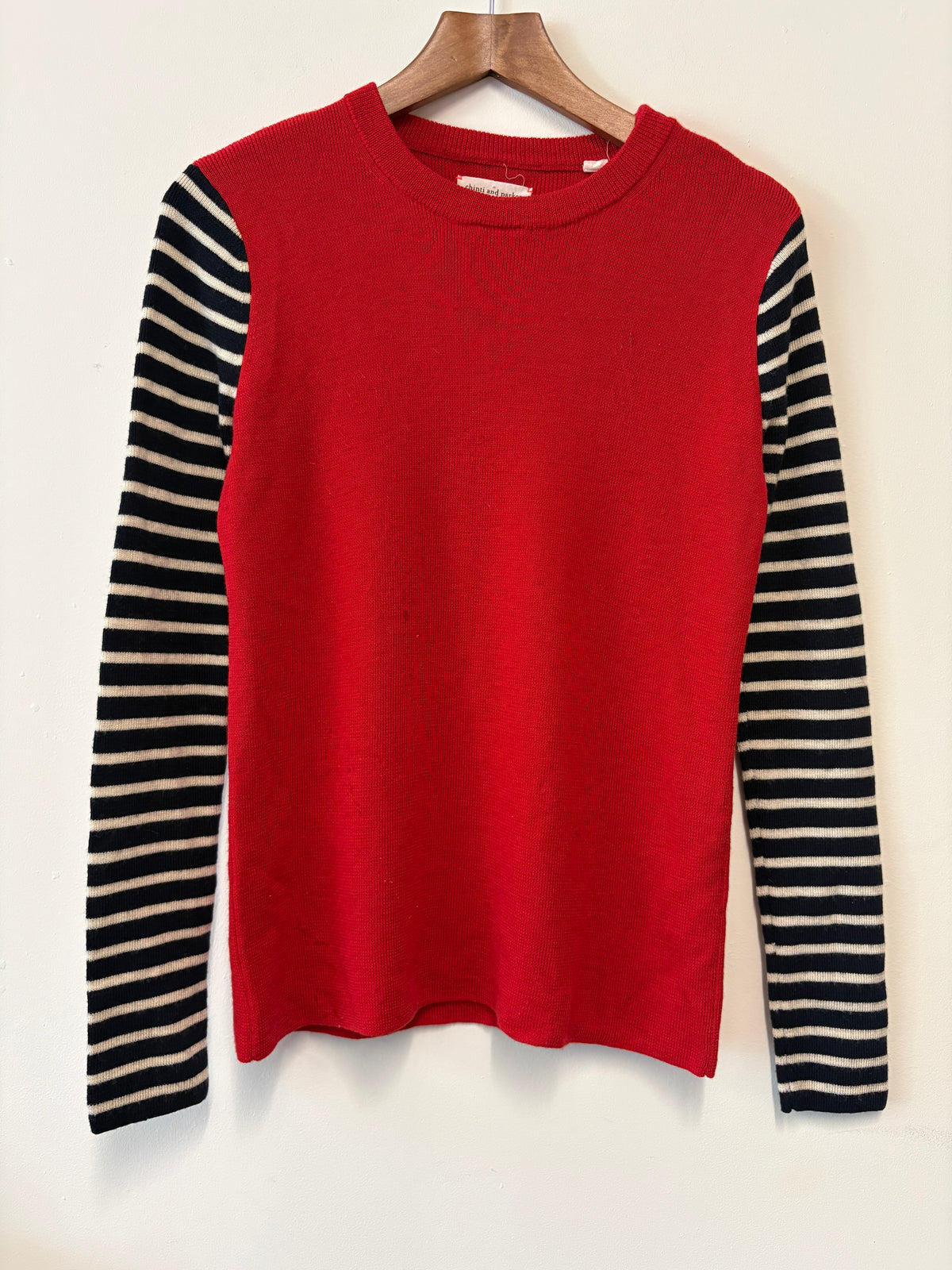 Chinti and Parker Red Wool Sweater With Stripe Sleeves