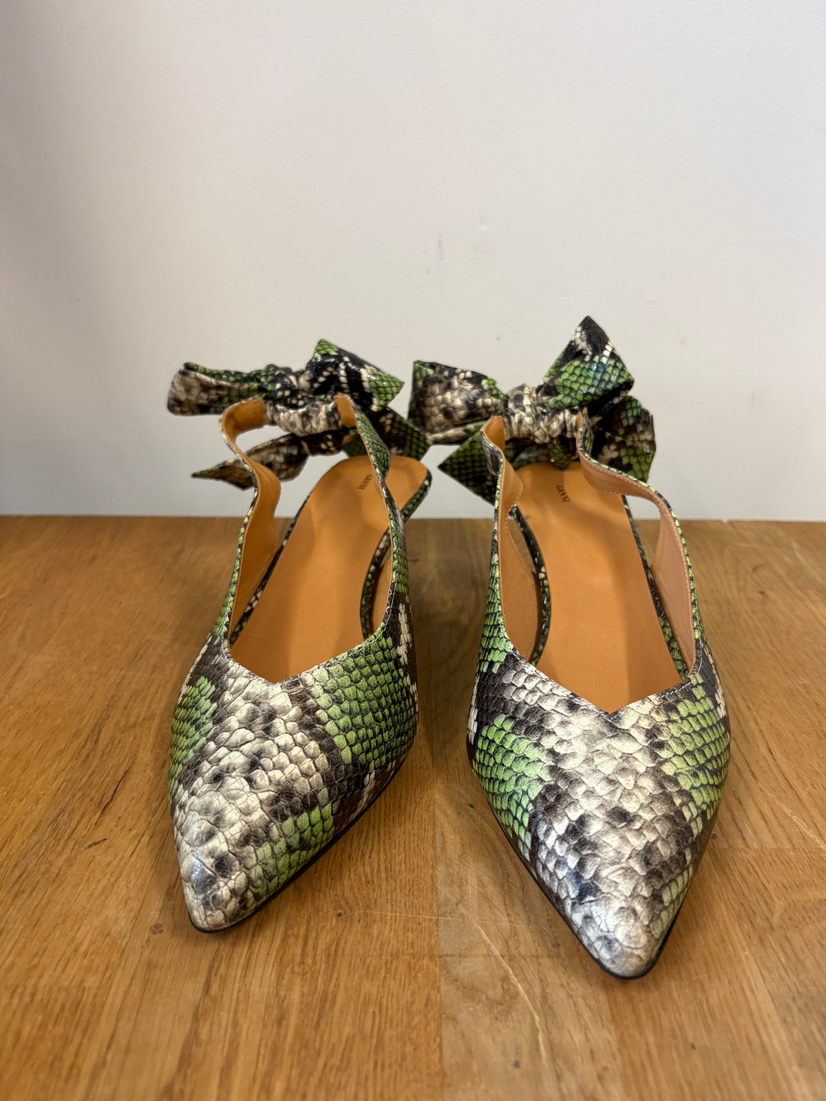 Ganni Green Snakeskin Sabine Pumps