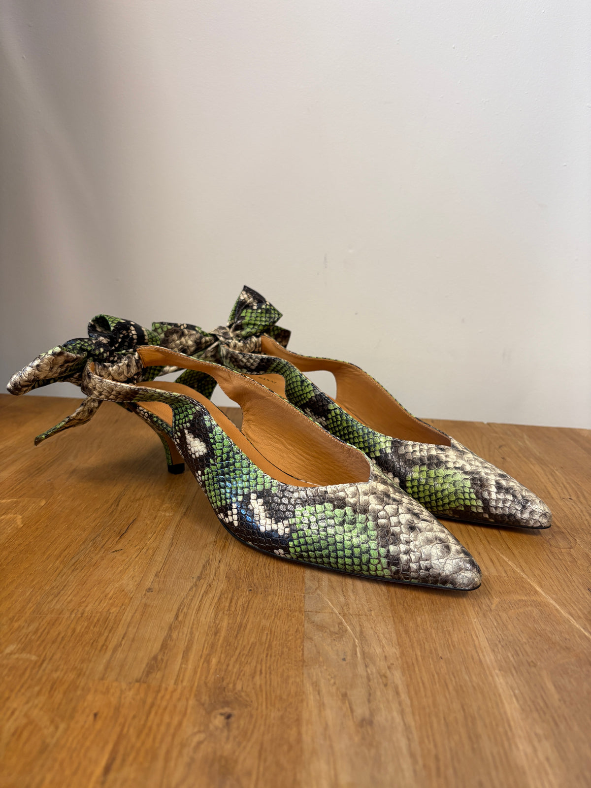 Ganni Green Snakeskin Sabine Pumps
