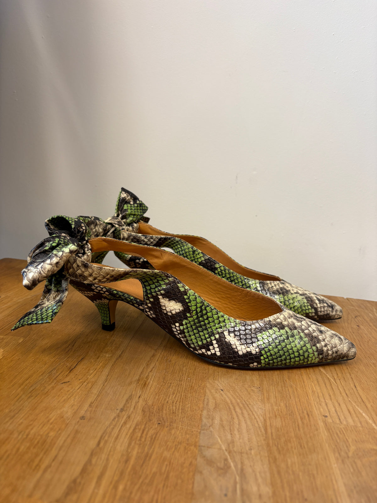Ganni Green Snakeskin Sabine Pumps