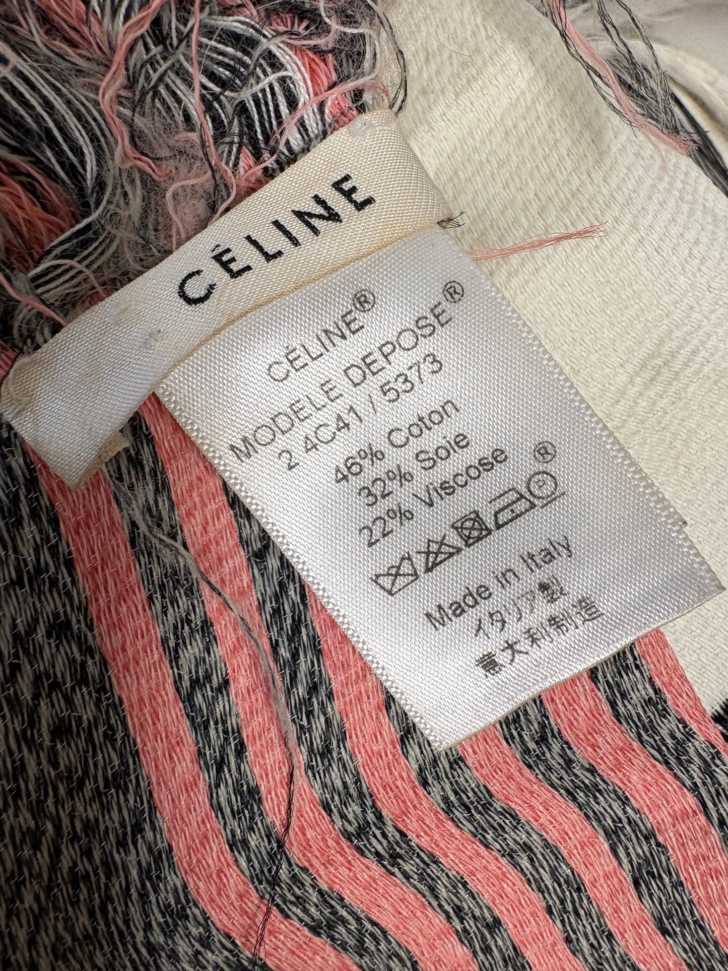 Celine Cream Multicolour Woven Fil Coupe Scarf With Fringing