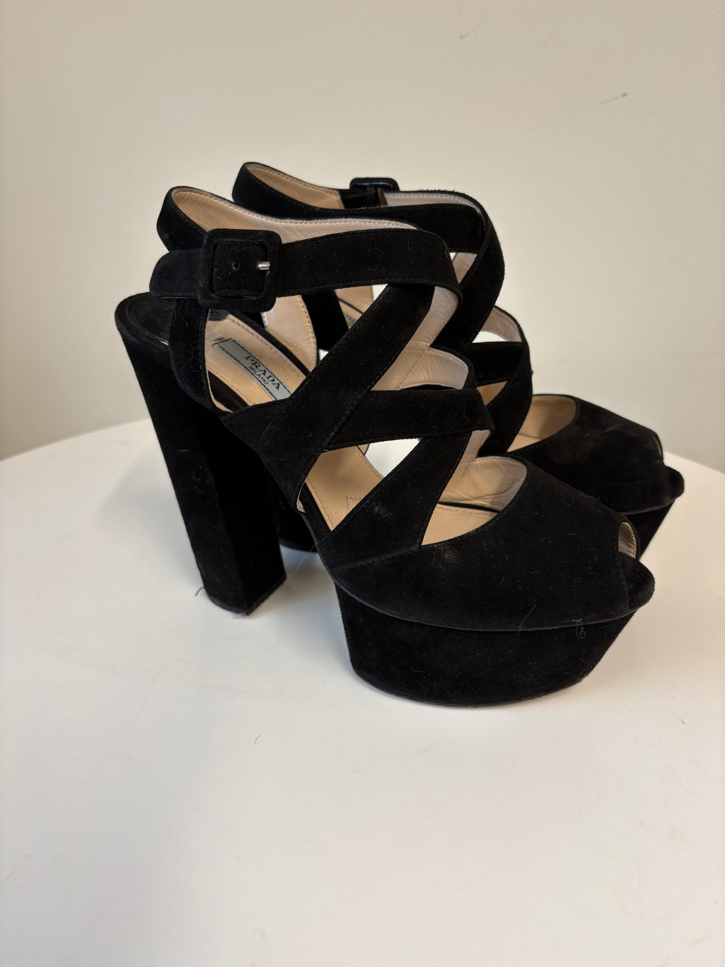 Prada Black Suede Platform Cut Out Heels