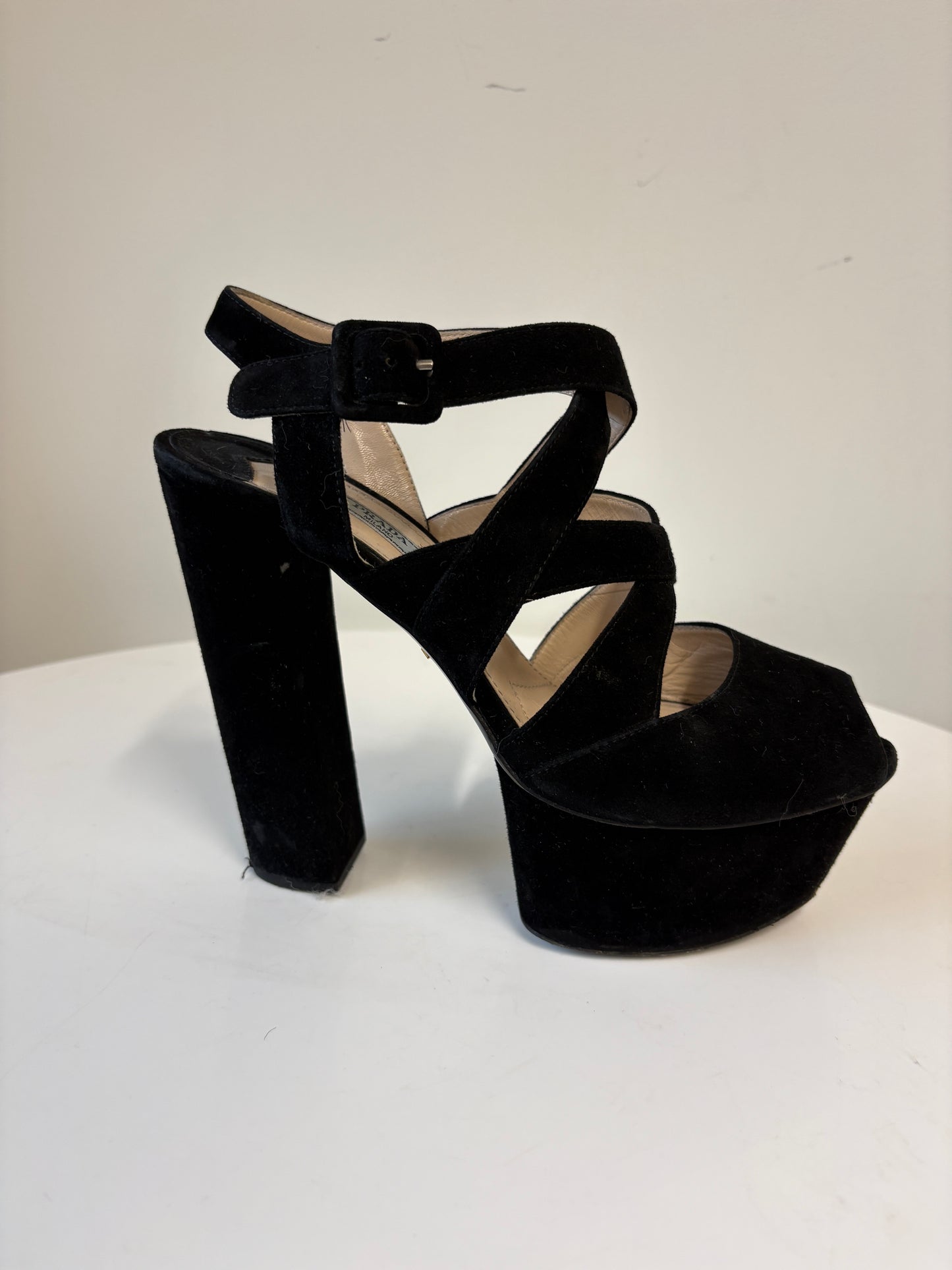 Prada Black Suede Platform Cut Out Heels