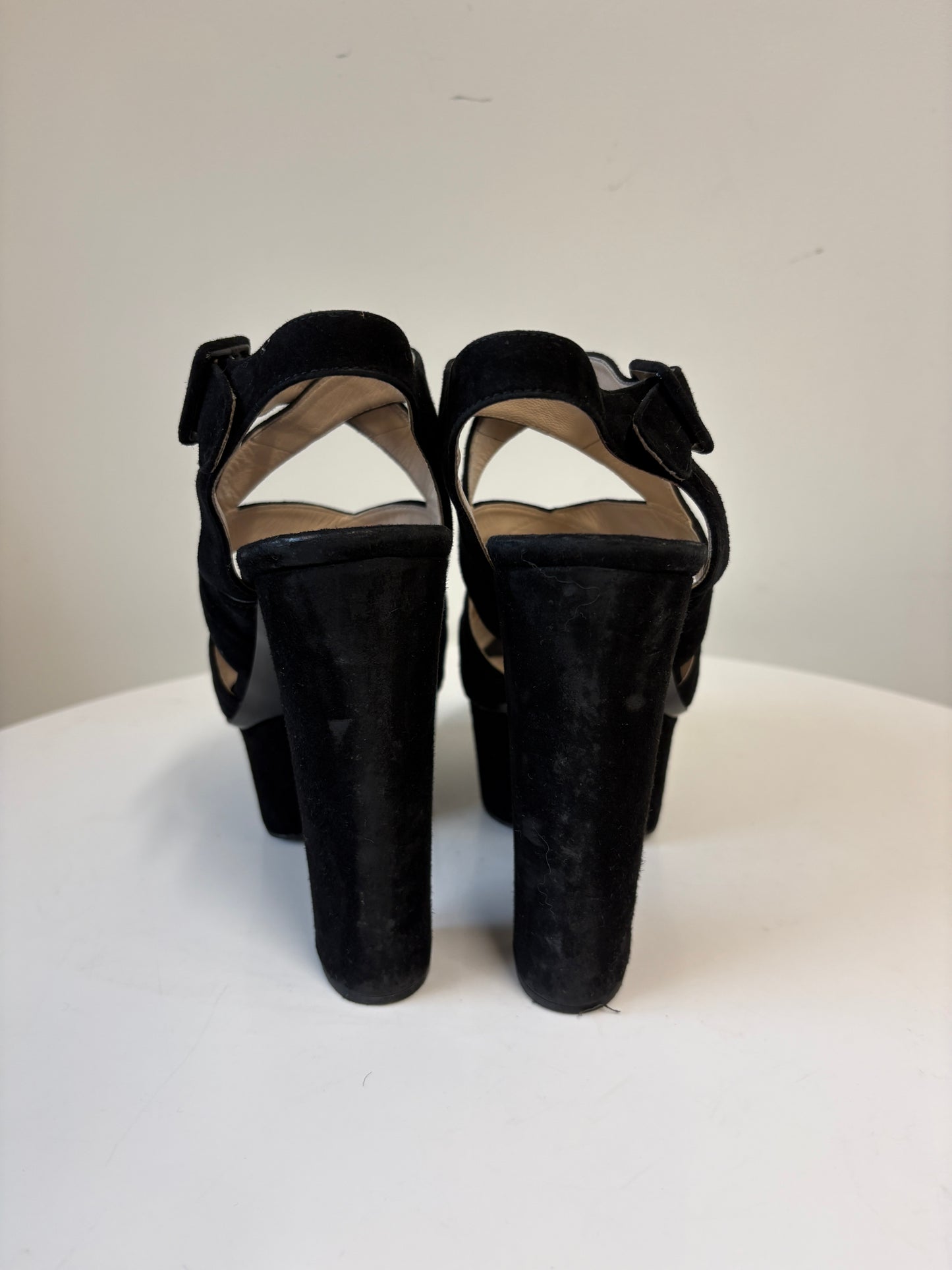 Prada Black Suede Platform Cut Out Heels