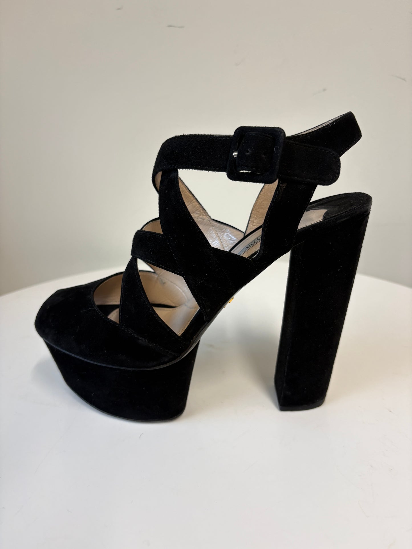 Prada Black Suede Platform Cut Out Heels