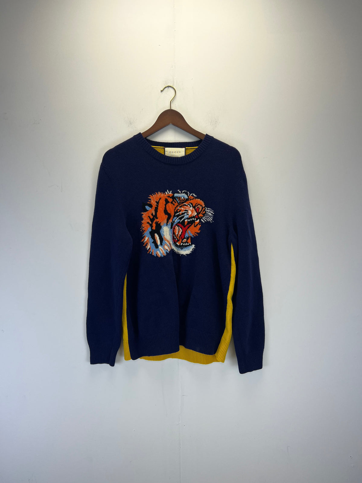 Gucci Blue and Yellow Wool Tiger Jumper