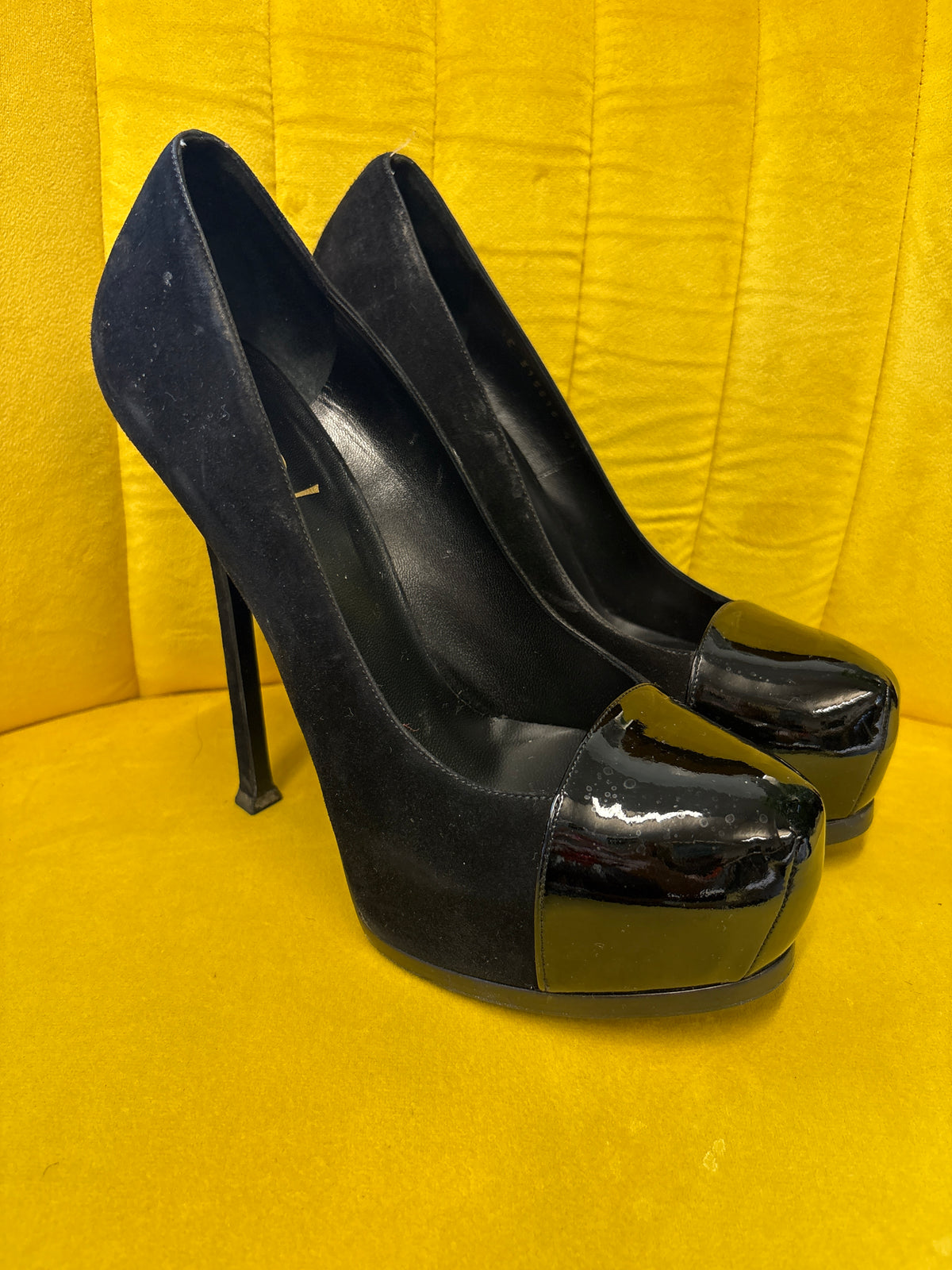 Yves Saint Laurent black tribtoo suede and patent cap toe platform heels