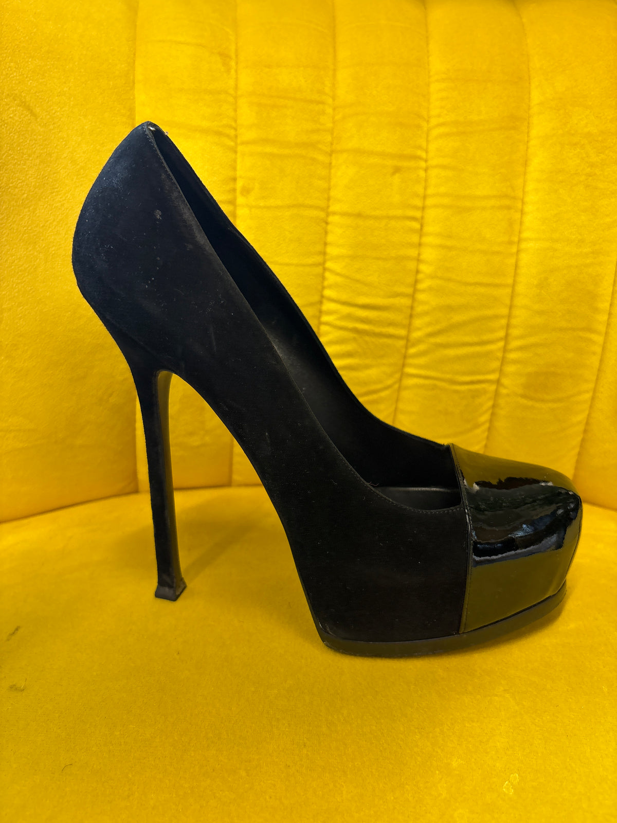 Yves Saint Laurent black tribtoo suede and patent cap toe platform heels