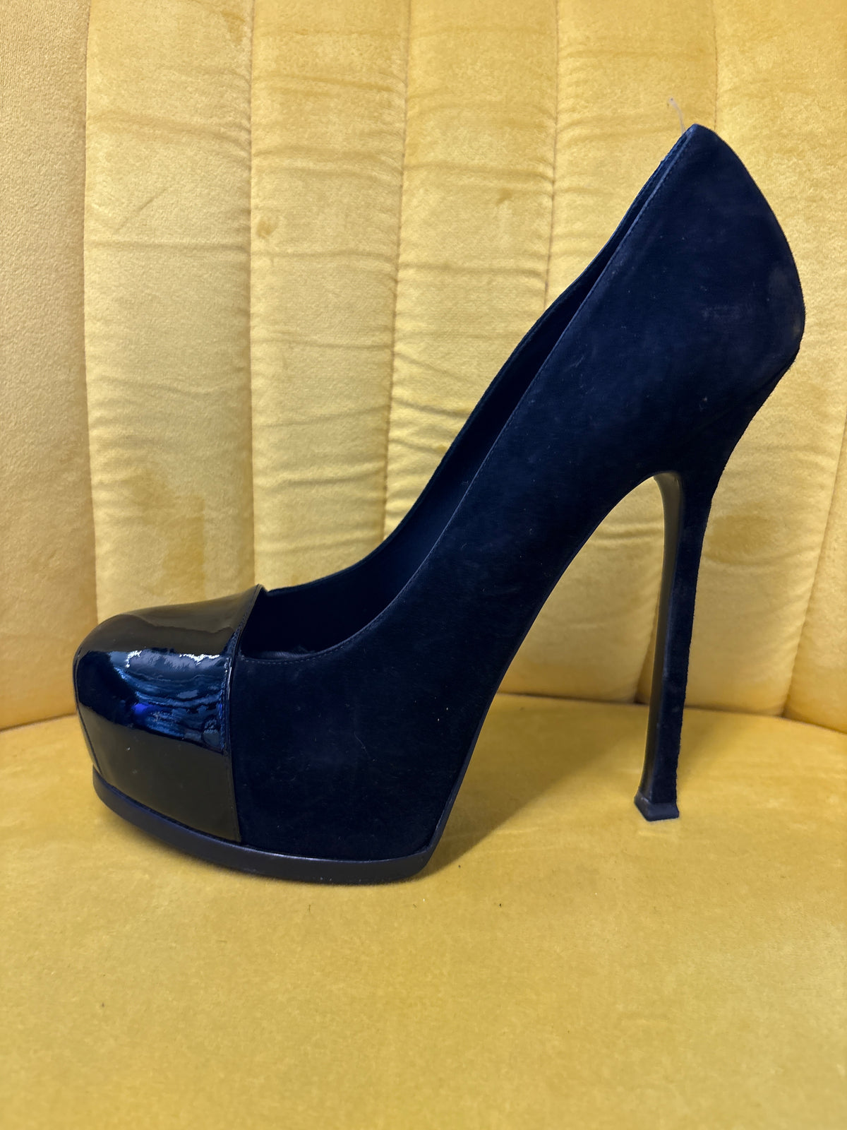 Yves Saint Laurent black tribtoo suede and patent cap toe platform heels