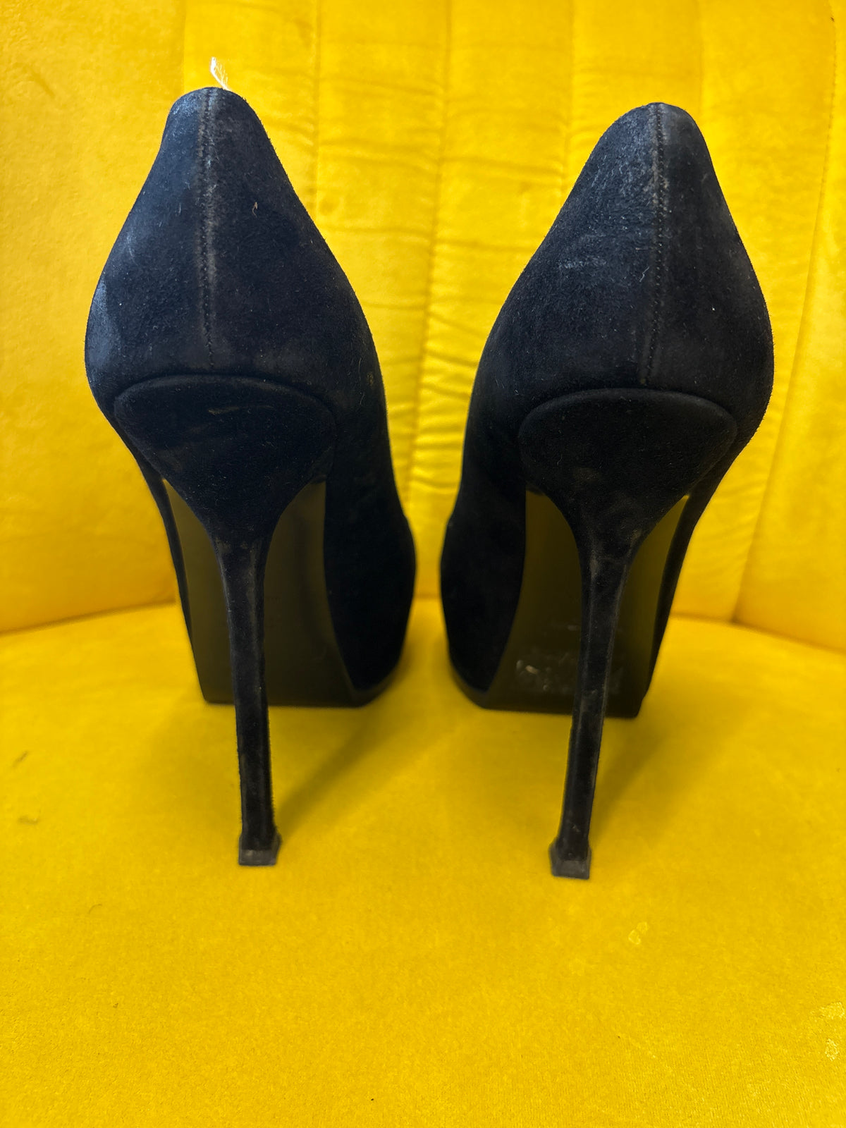 Yves Saint Laurent black tribtoo suede and patent cap toe platform heels