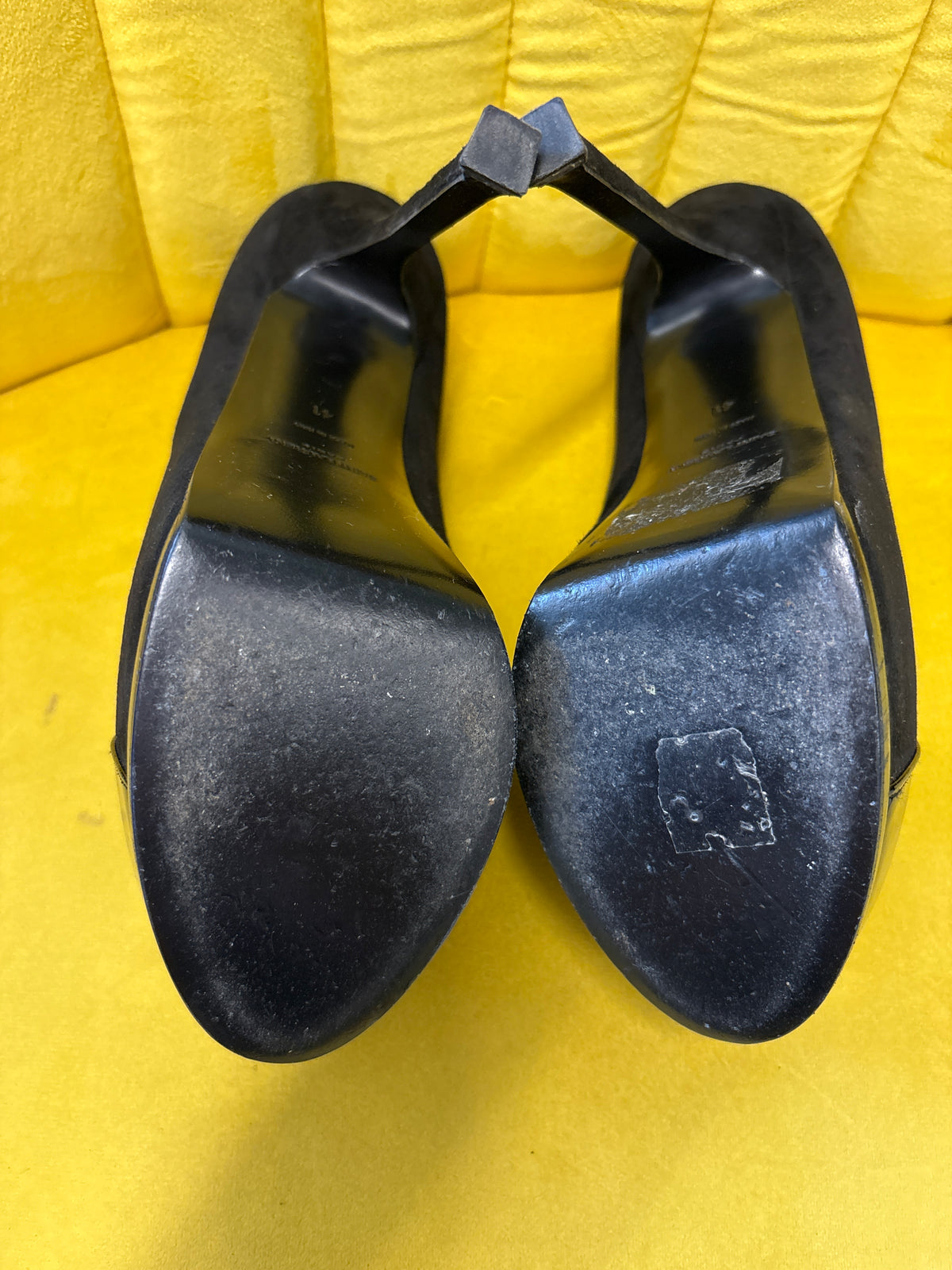 Yves Saint Laurent black tribtoo suede and patent cap toe platform heels