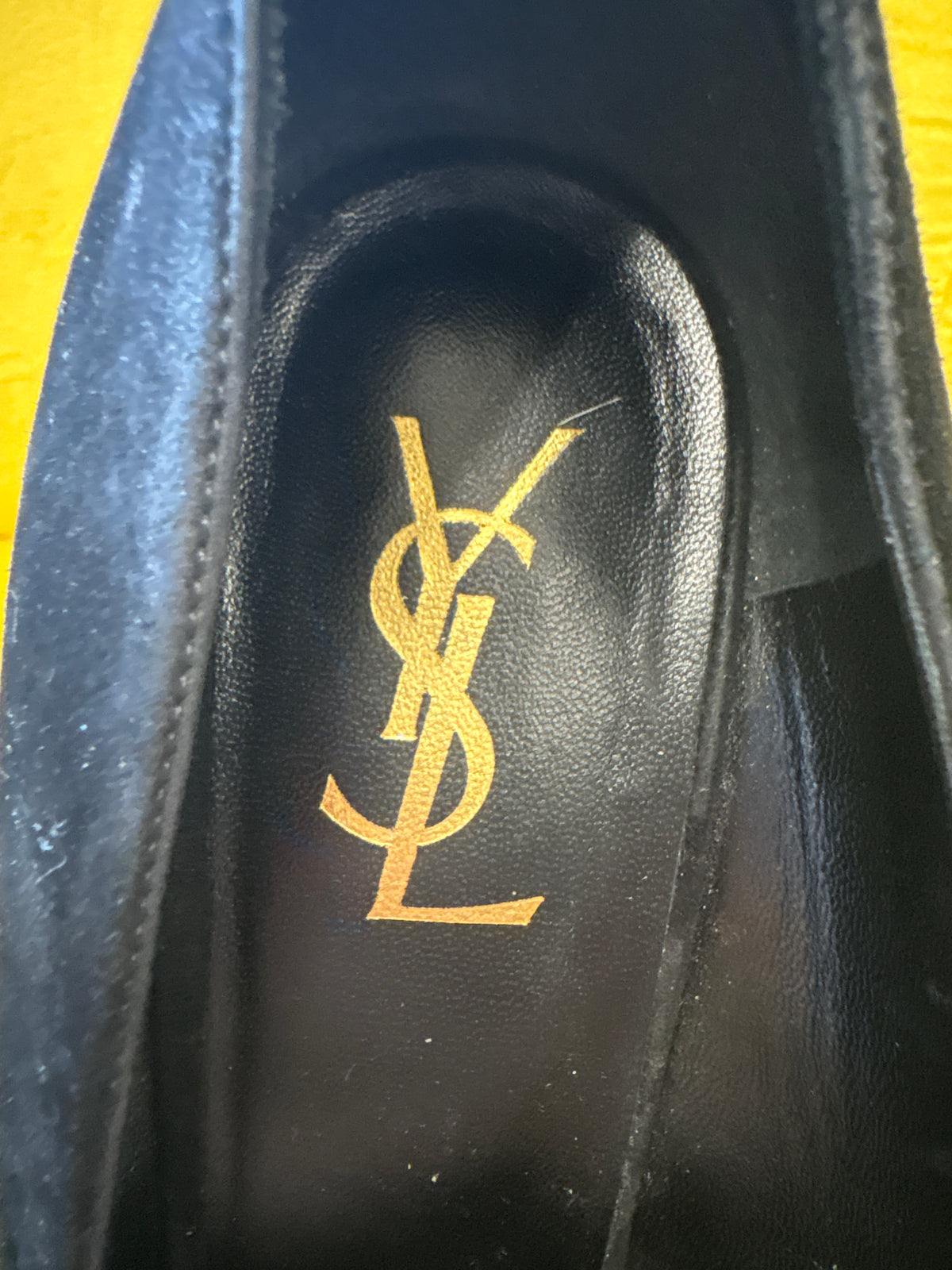 Yves Saint Laurent black tribtoo suede and patent cap toe platform heels