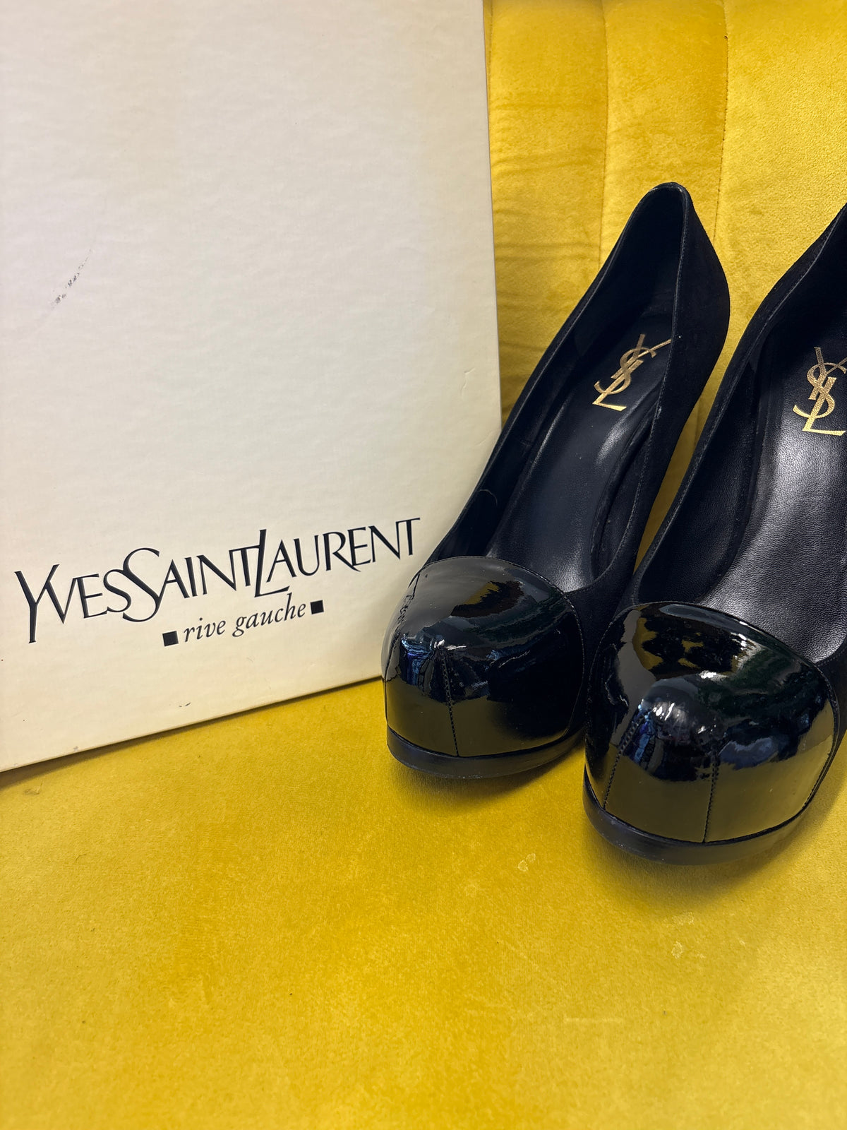 Yves Saint Laurent black tribtoo suede and patent cap toe platform heels