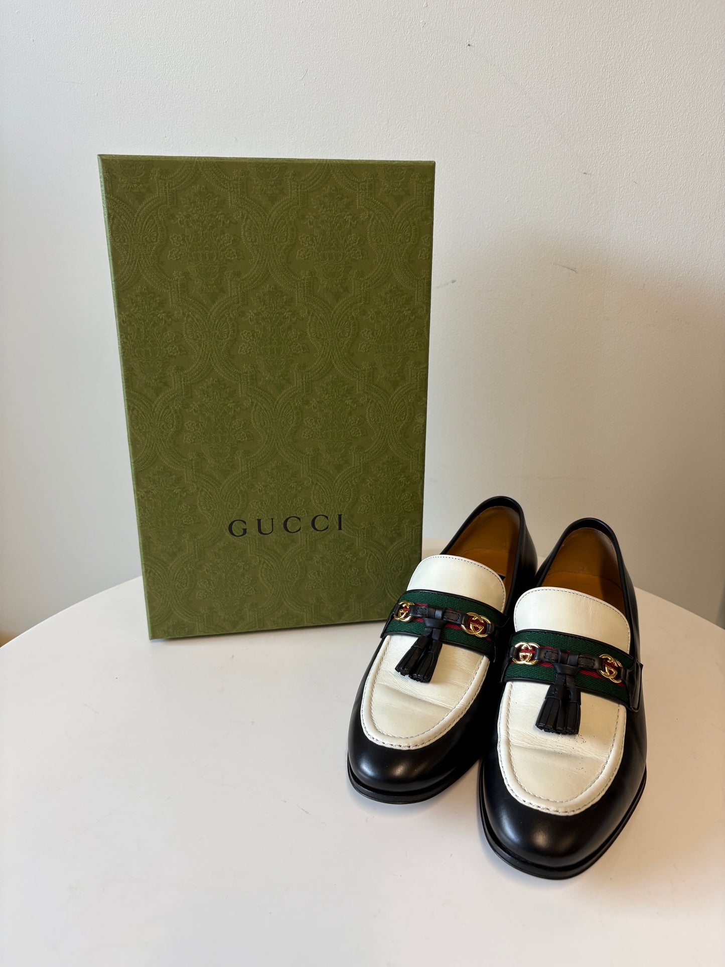 Gucci Paride GG Web Stripe Tassel Leather Loafers