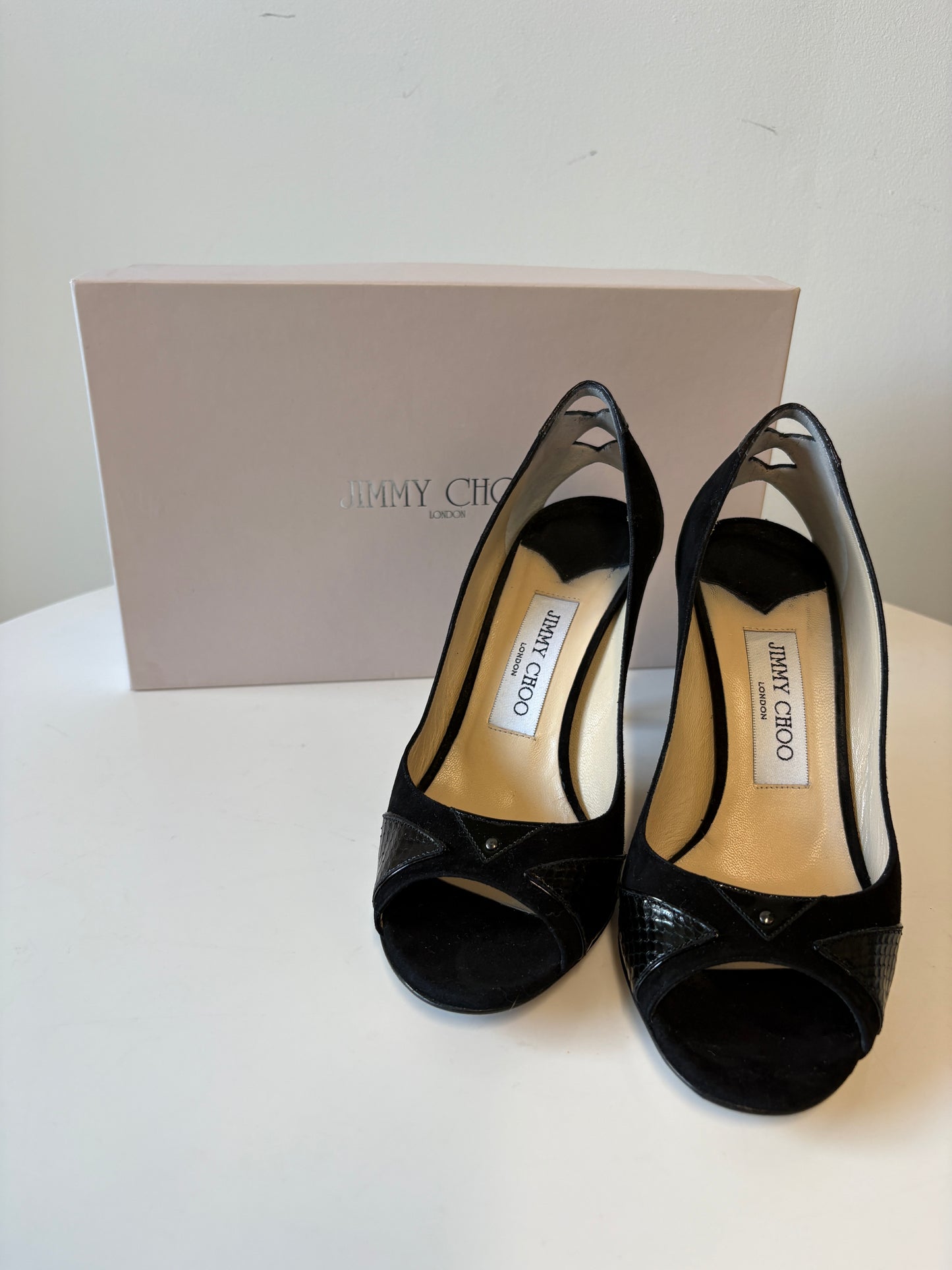 Jimmy Choo Suede Patent Water Snake Black Peep Toe Pumps