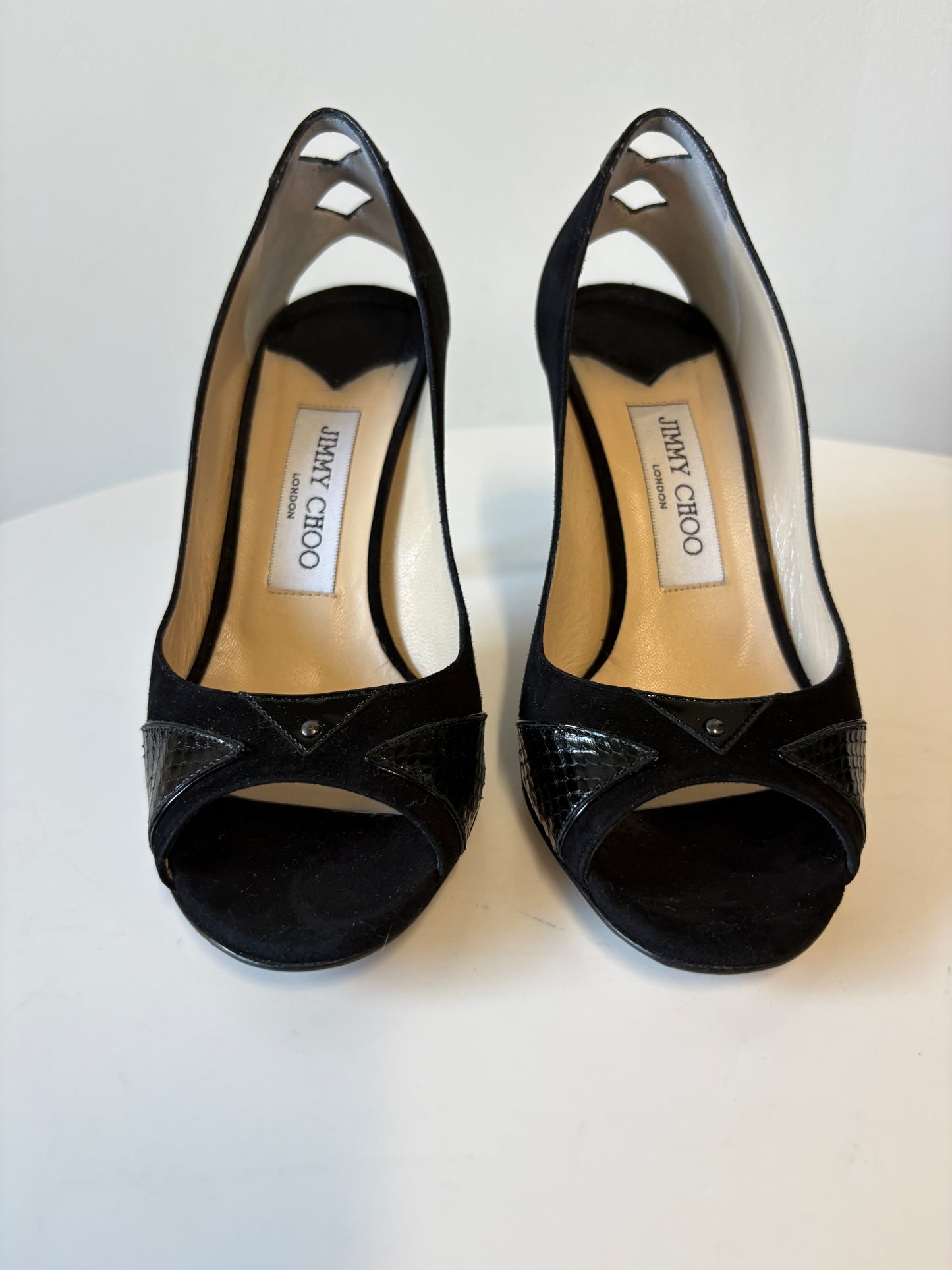 Jimmy Choo Suede Patent Water Snake Black Peep Toe Pumps