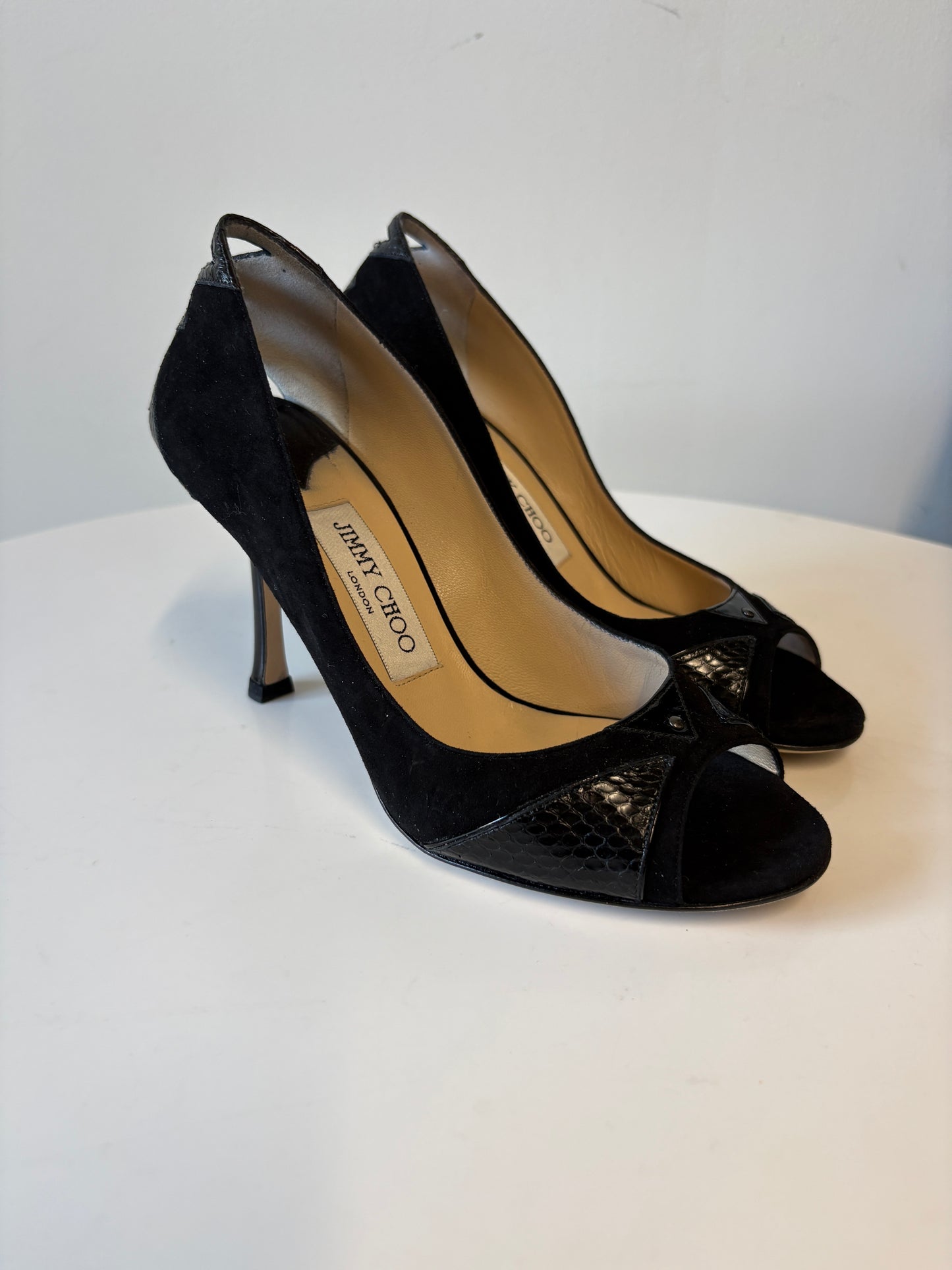 Jimmy Choo Suede Patent Water Snake Black Peep Toe Pumps