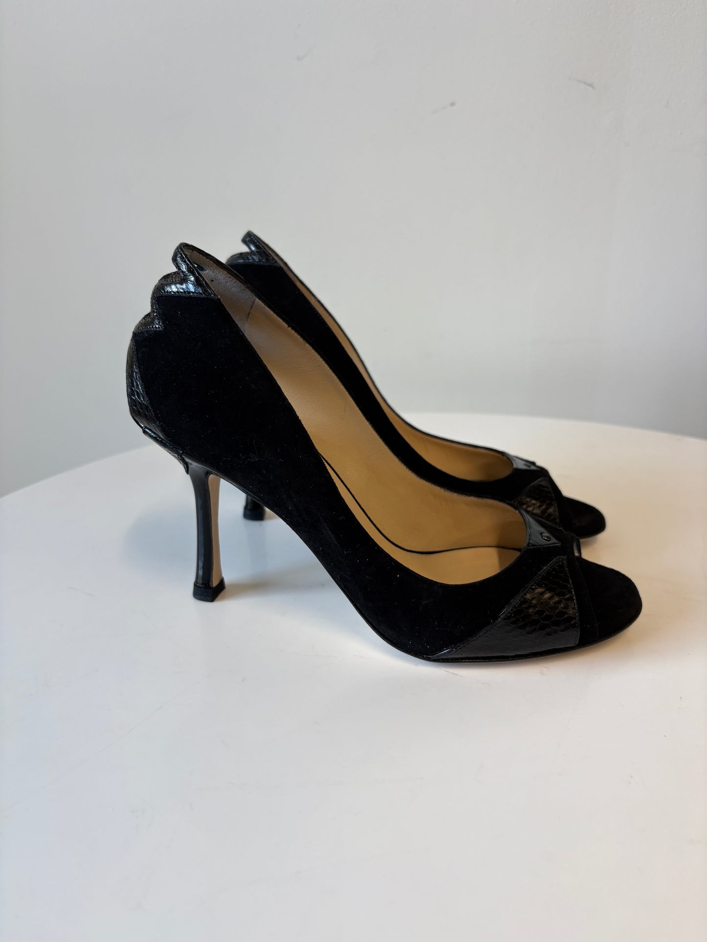 Jimmy Choo Suede Patent Water Snake Black Peep Toe Pumps
