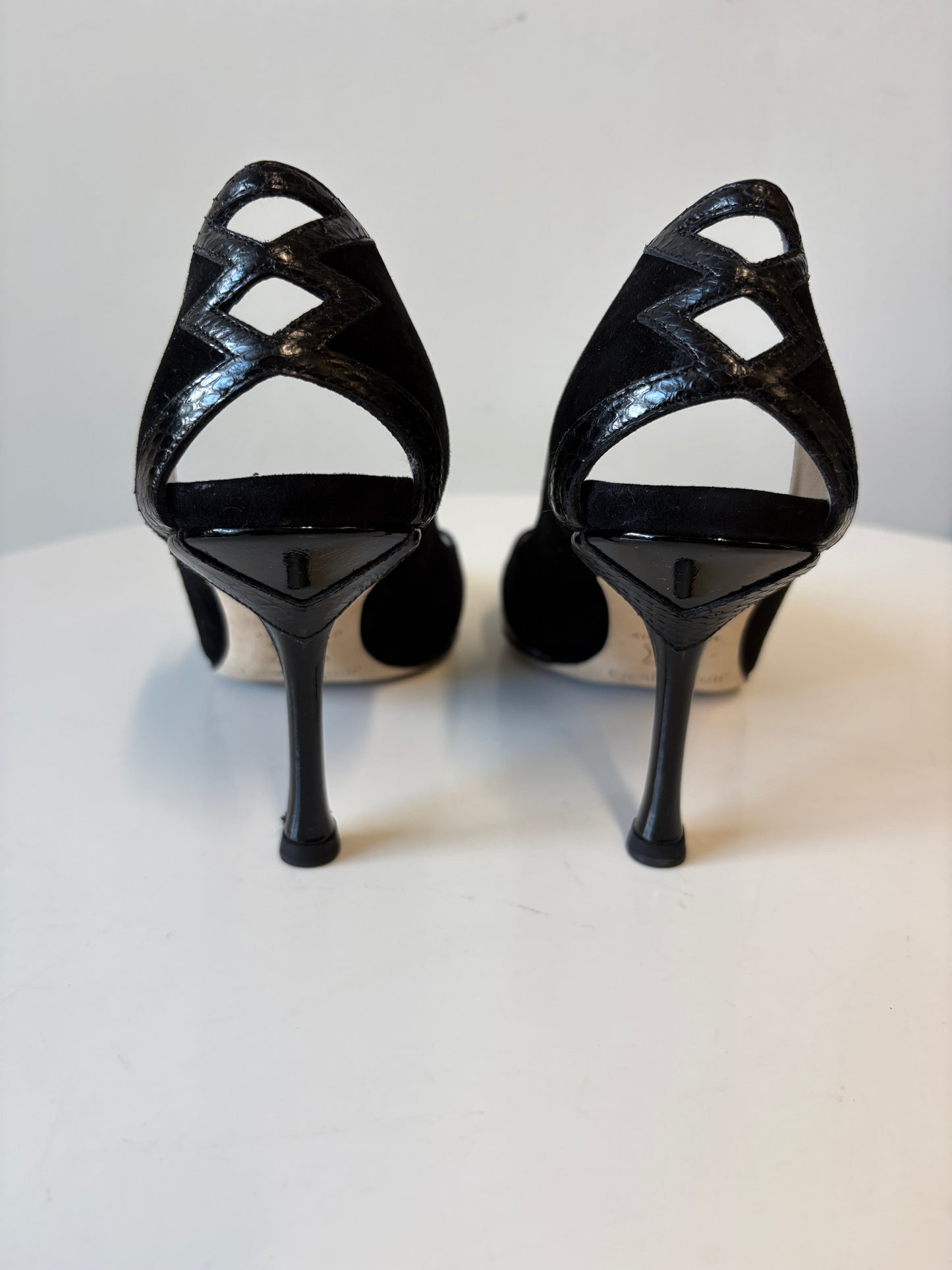 Jimmy Choo Suede Patent Water Snake Black Peep Toe Pumps