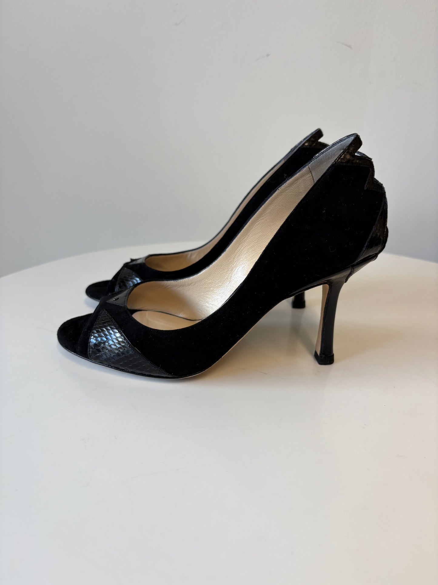Jimmy Choo Suede Patent Water Snake Black Peep Toe Pumps