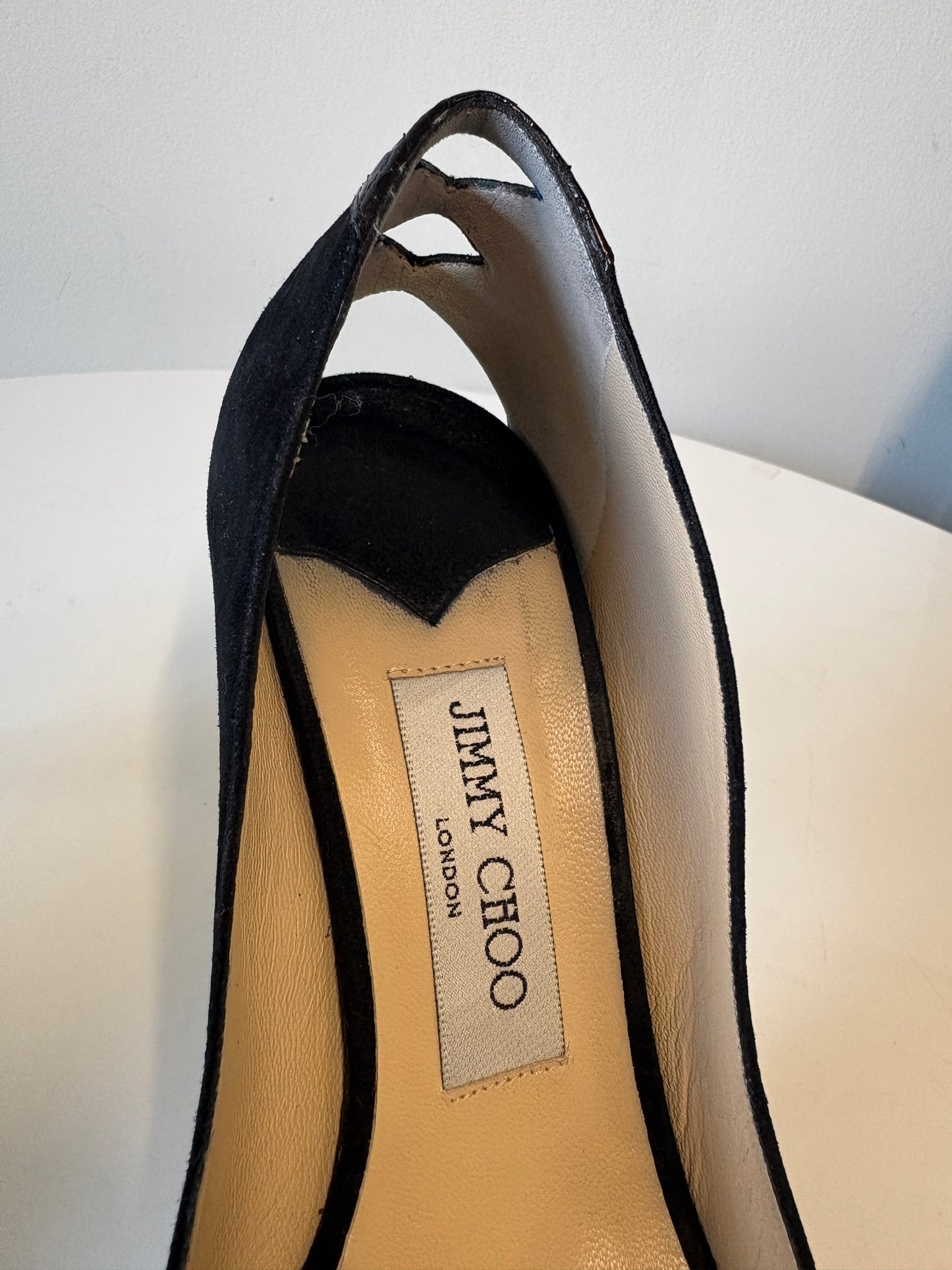 Jimmy Choo Suede Patent Water Snake Black Peep Toe Pumps