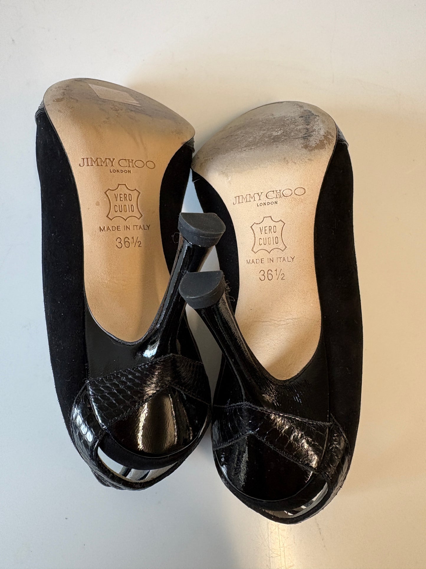 Jimmy Choo Suede Patent Water Snake Black Peep Toe Pumps