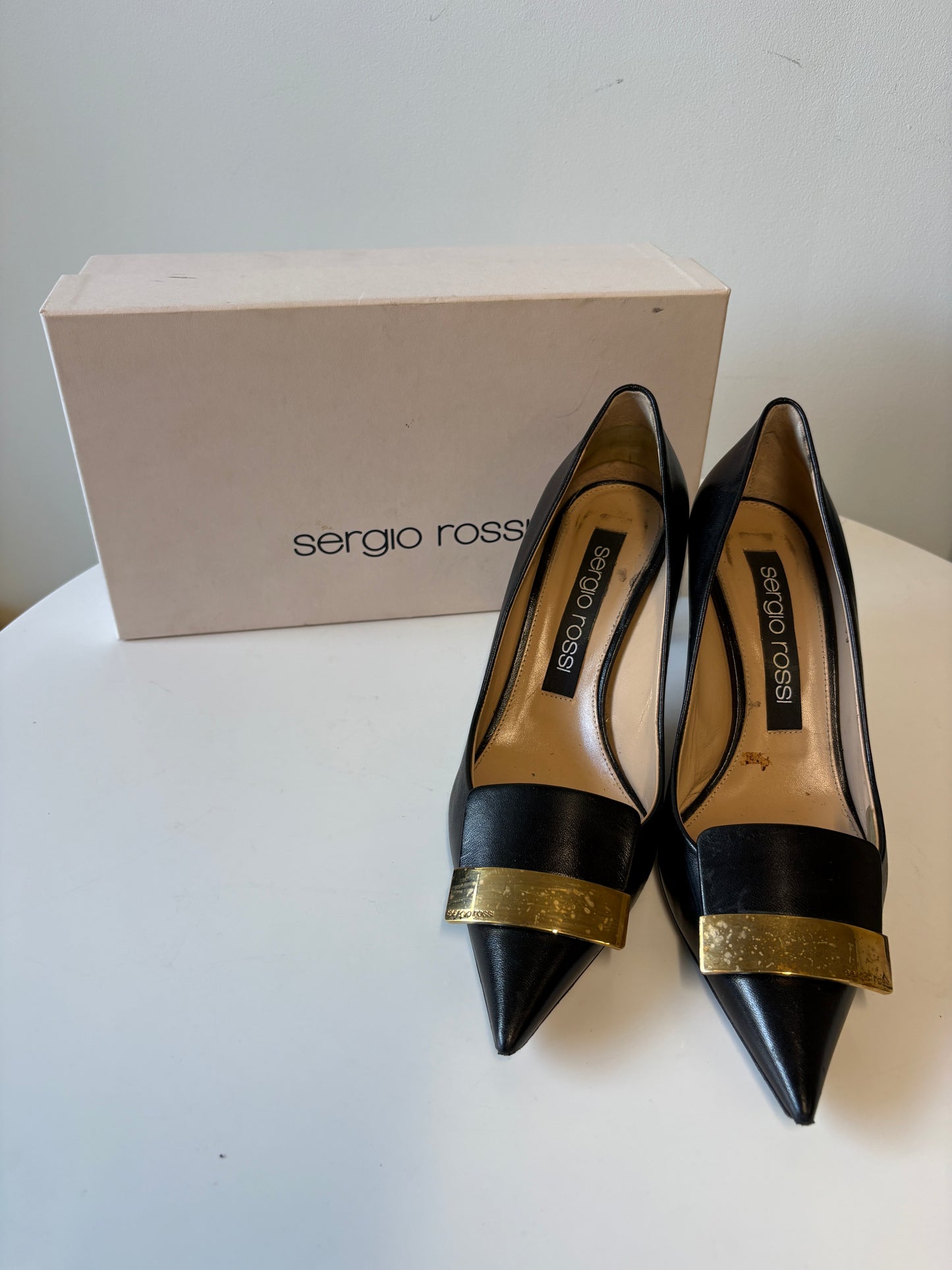 Sergio Rossi Black Leather Pointed Heels With Gold Badge Detail