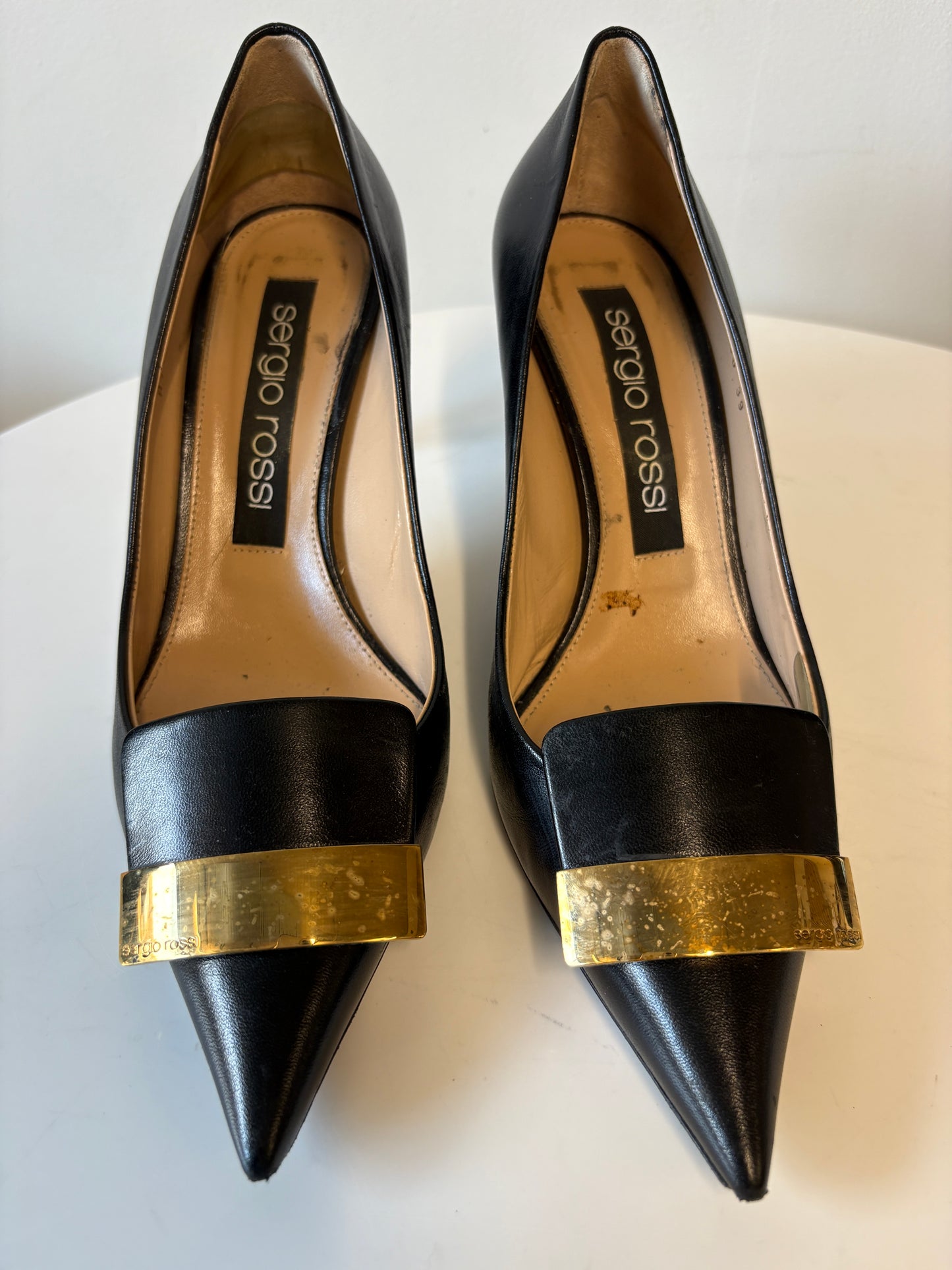 Sergio Rossi Black Leather Pointed Heels With Gold Badge Detail