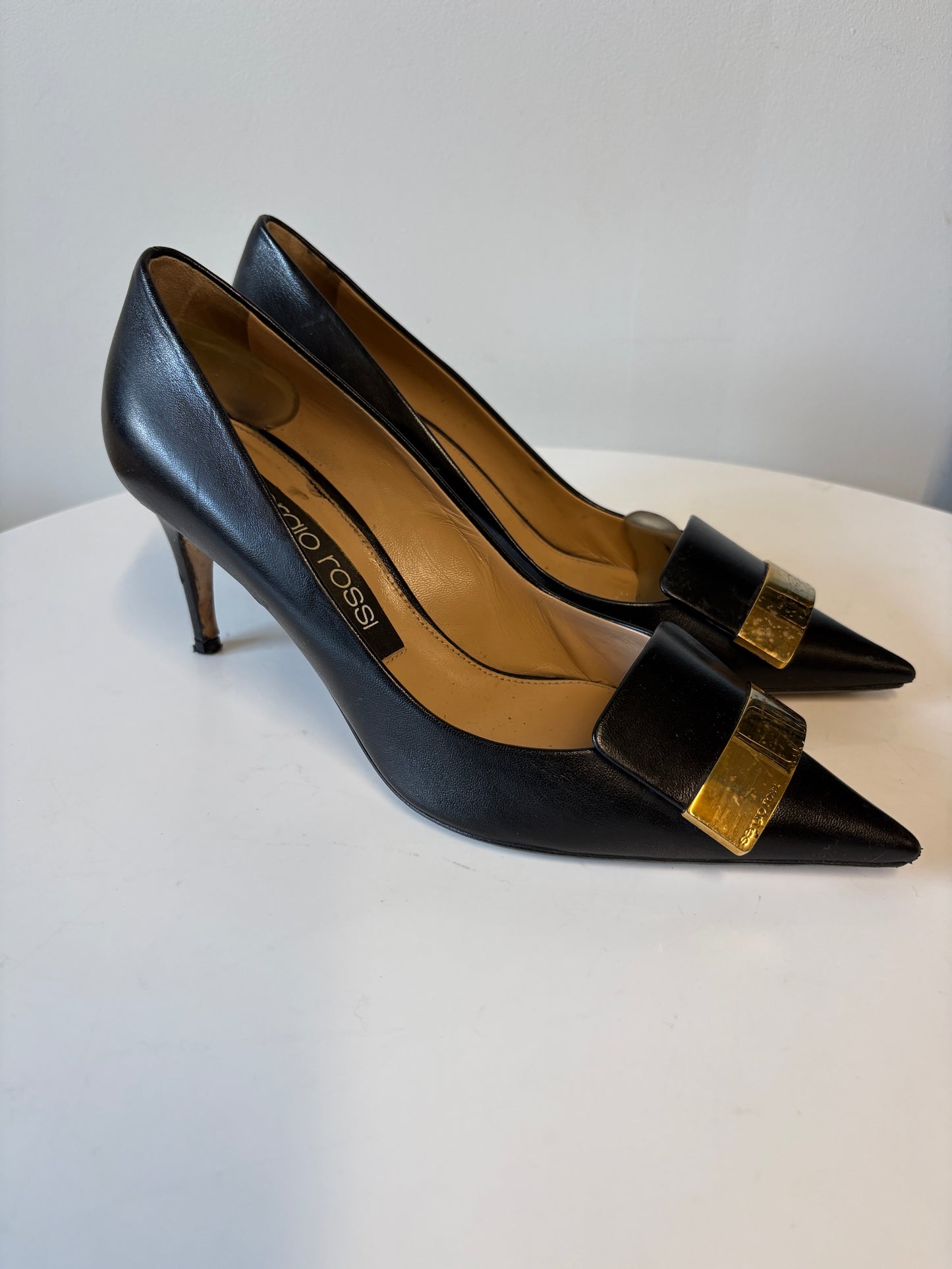 Sergio Rossi Black Leather Pointed Heels With Gold Badge Detail