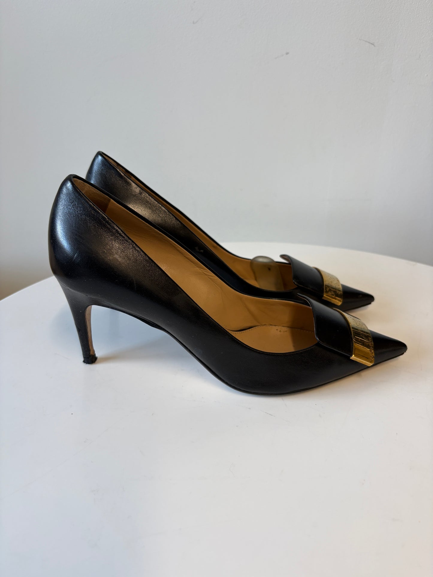 Sergio Rossi Black Leather Pointed Heels With Gold Badge Detail