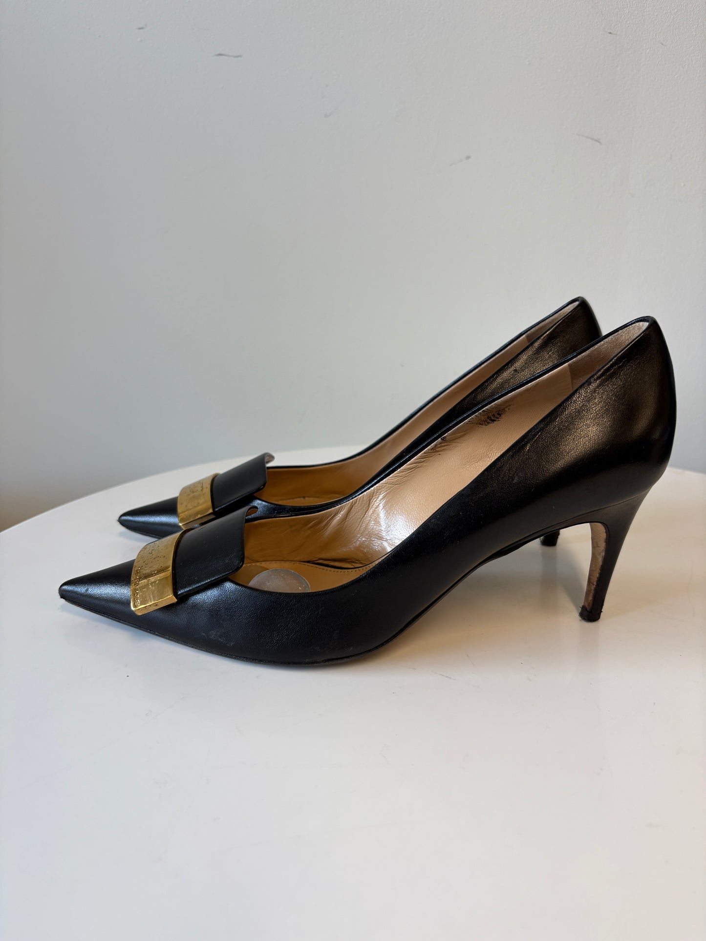 Sergio Rossi Black Leather Pointed Heels With Gold Badge Detail