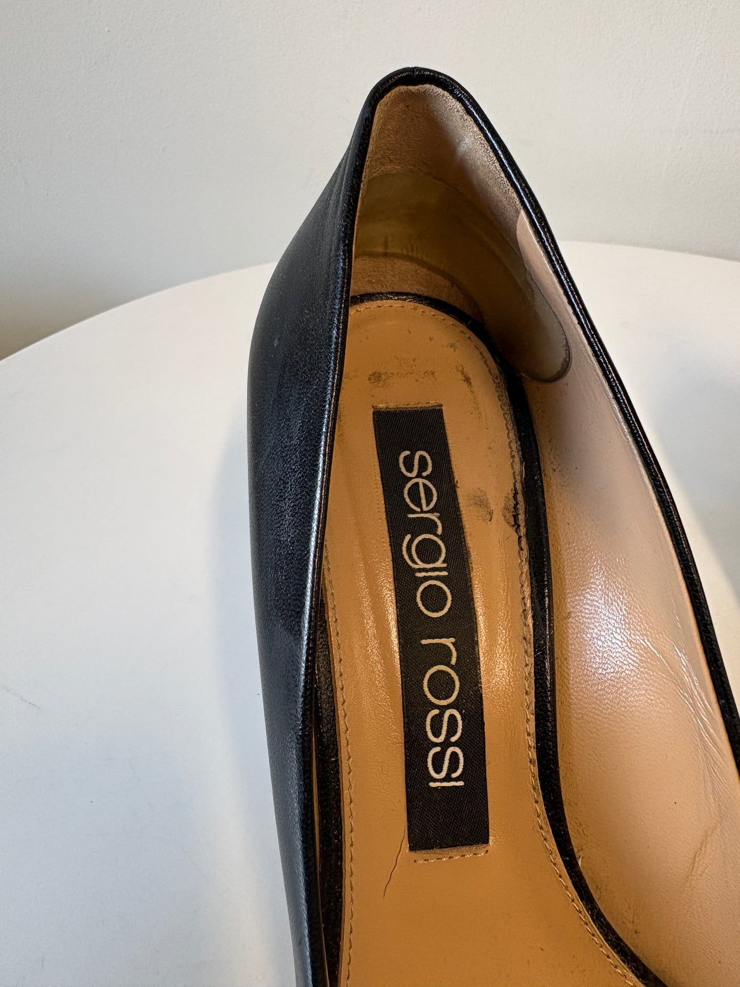 Sergio Rossi Black Leather Pointed Heels With Gold Badge Detail