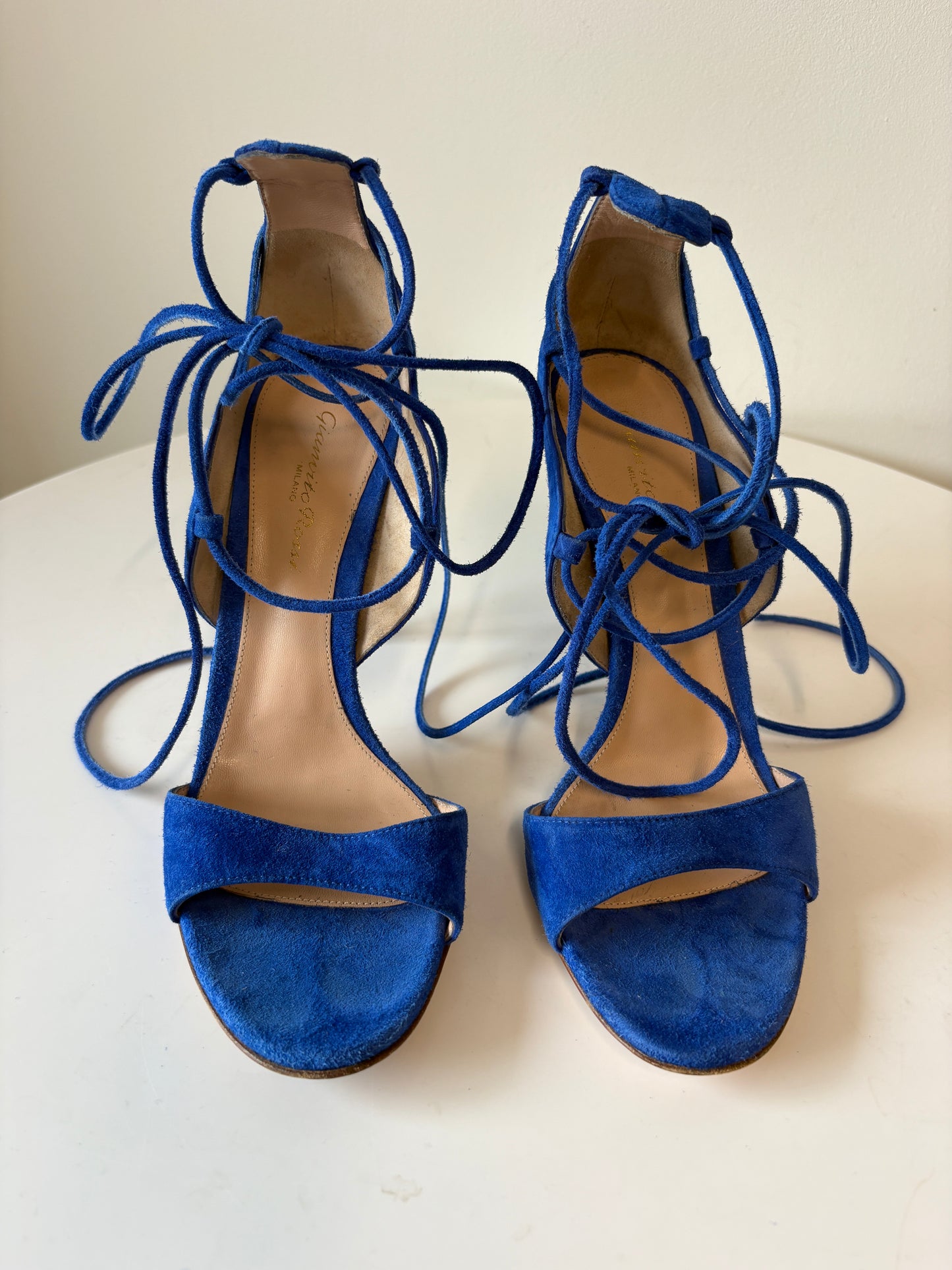 Gianvito Rossi Electric Blue Suede Heeled Lace Up Sandals