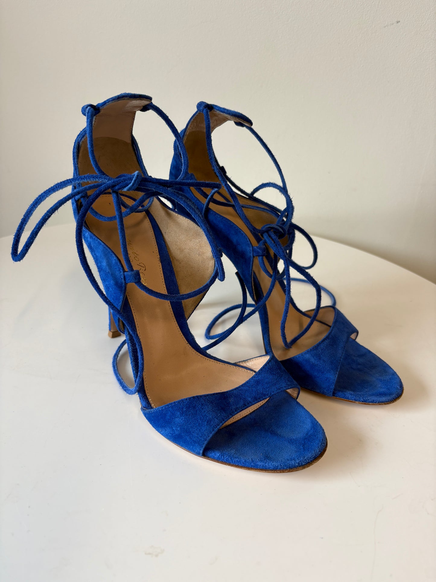 Gianvito Rossi Electric Blue Suede Heeled Lace Up Sandals