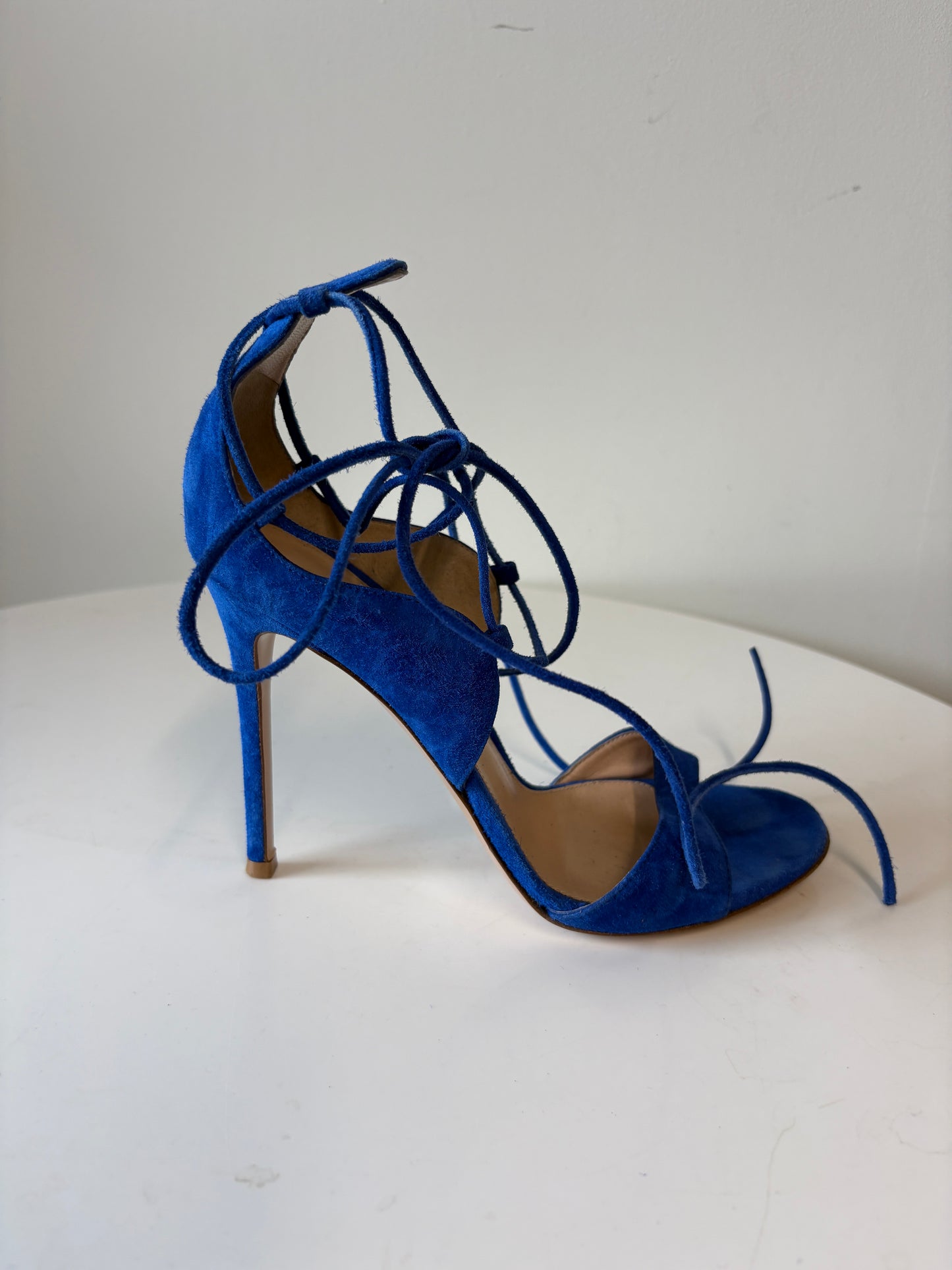 Gianvito Rossi Electric Blue Suede Heeled Lace Up Sandals