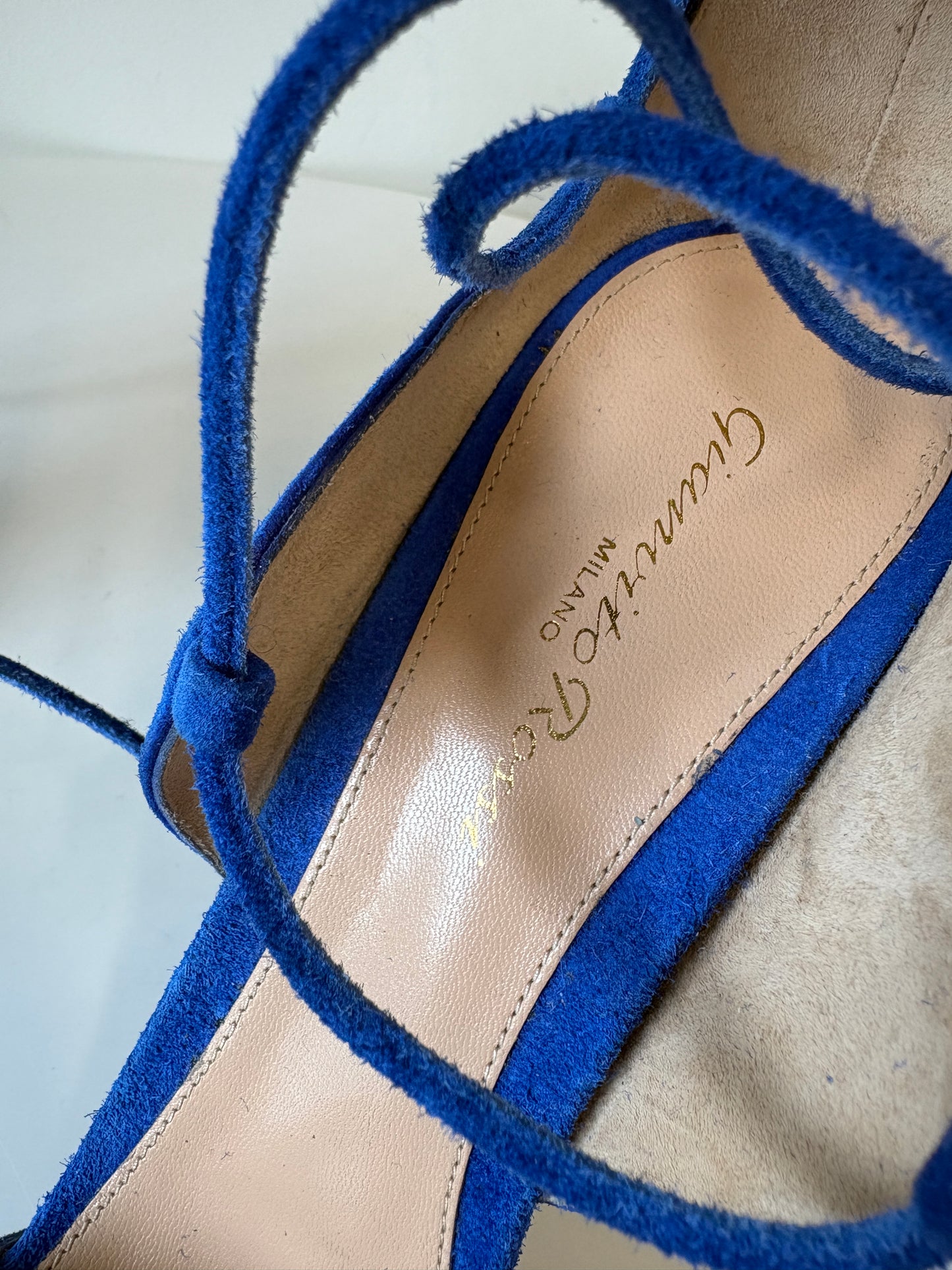 Gianvito Rossi Electric Blue Suede Heeled Lace Up Sandals