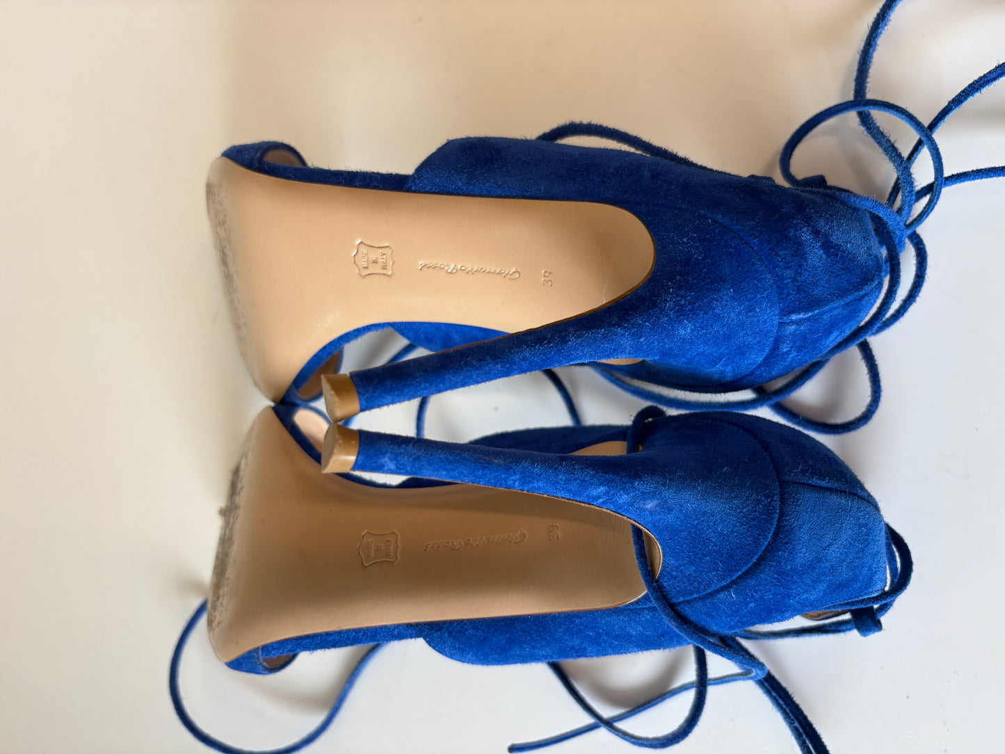 Gianvito Rossi Electric Blue Suede Heeled Lace Up Sandals