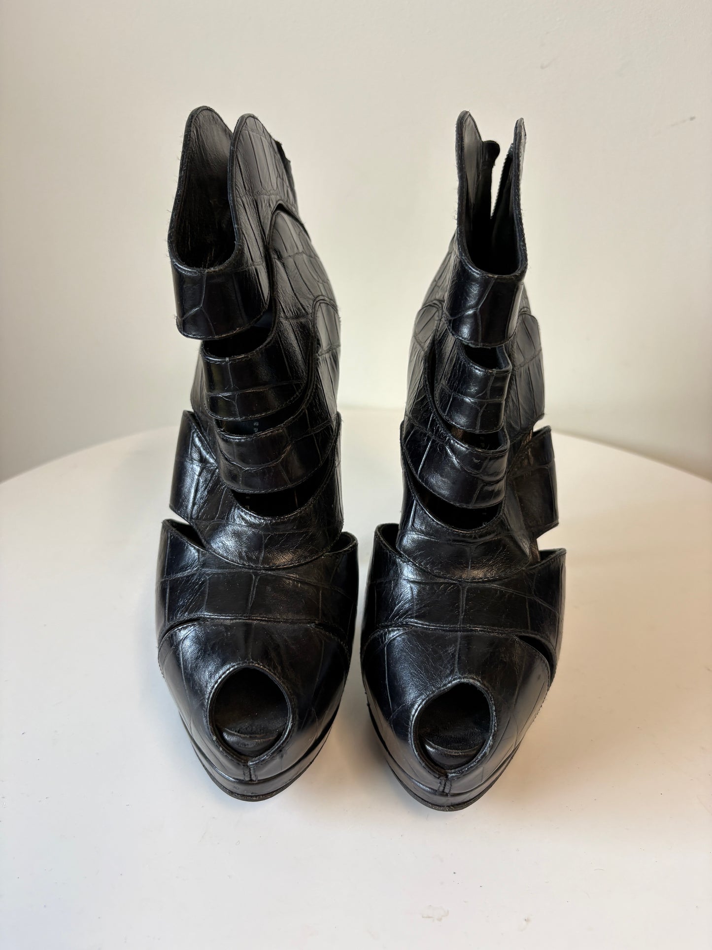 Guiseppe Zanotti Black Leather Croc Cut Out Heel Boots