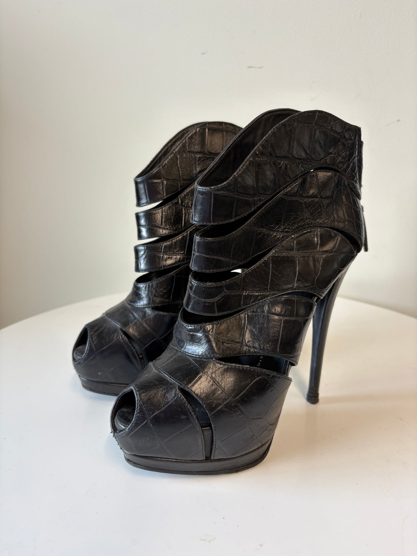 Guiseppe Zanotti Black Leather Croc Cut Out Heel Boots