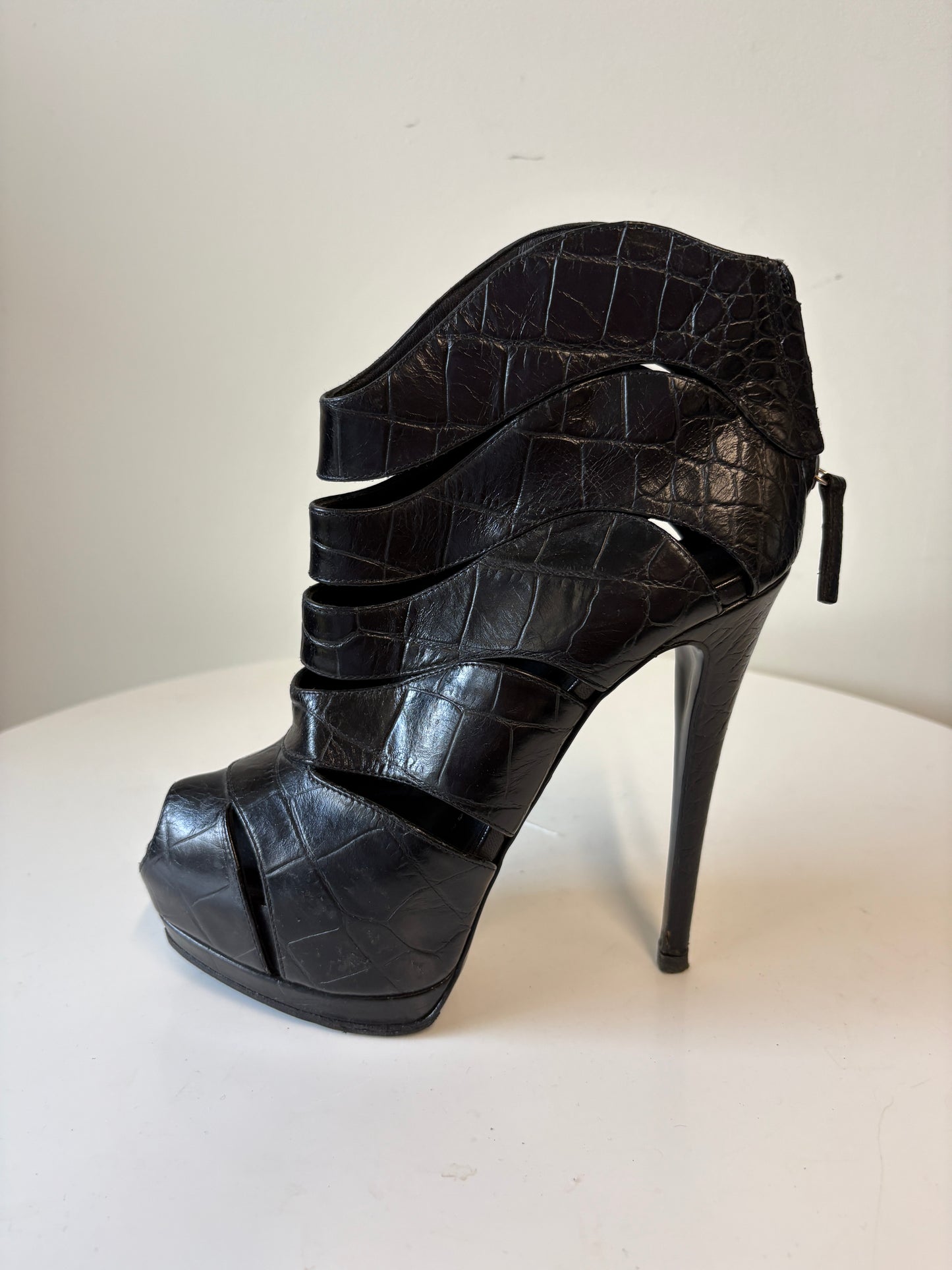 Guiseppe Zanotti Black Leather Croc Cut Out Heel Boots