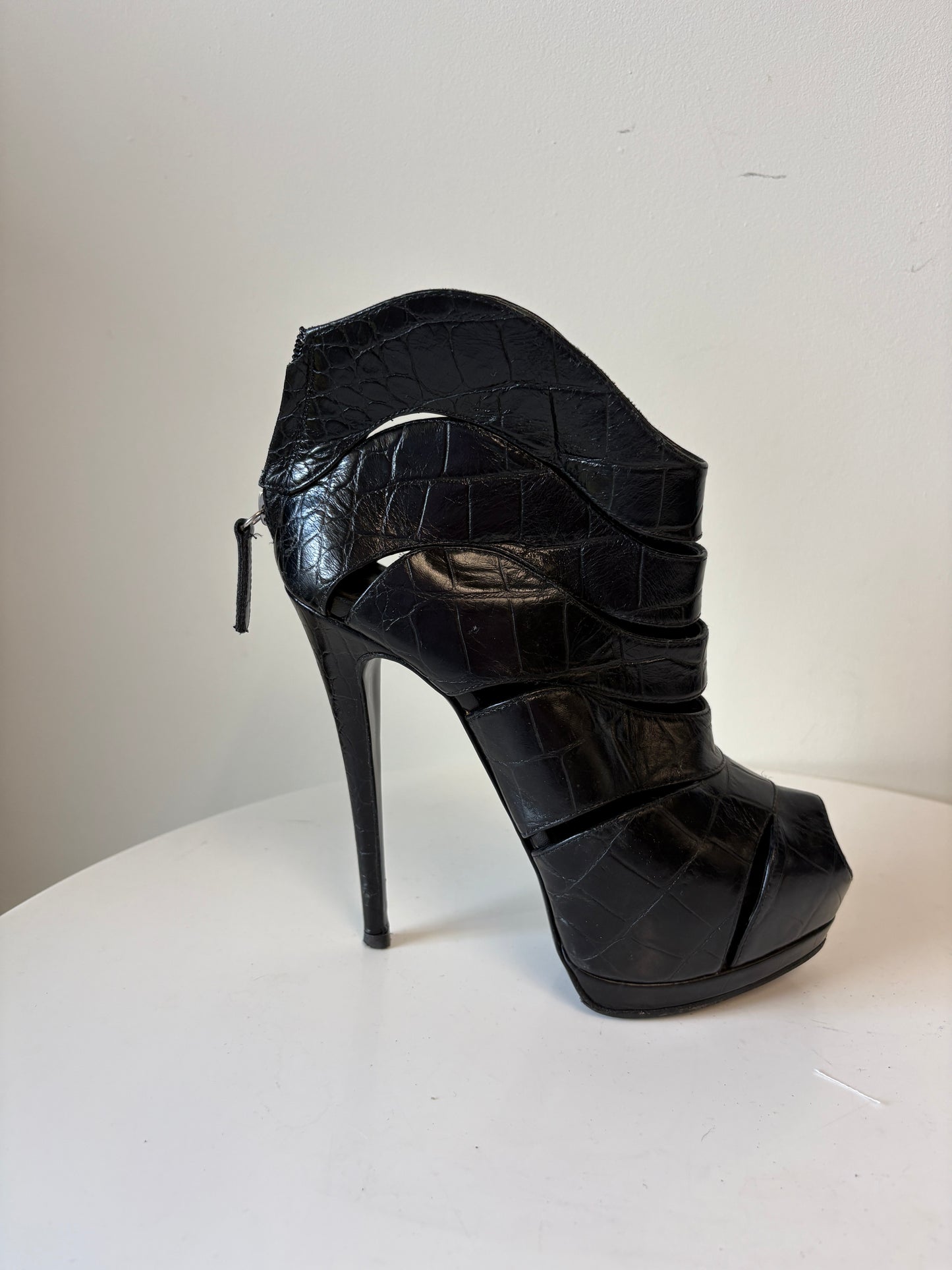 Guiseppe Zanotti Black Leather Croc Cut Out Heel Boots