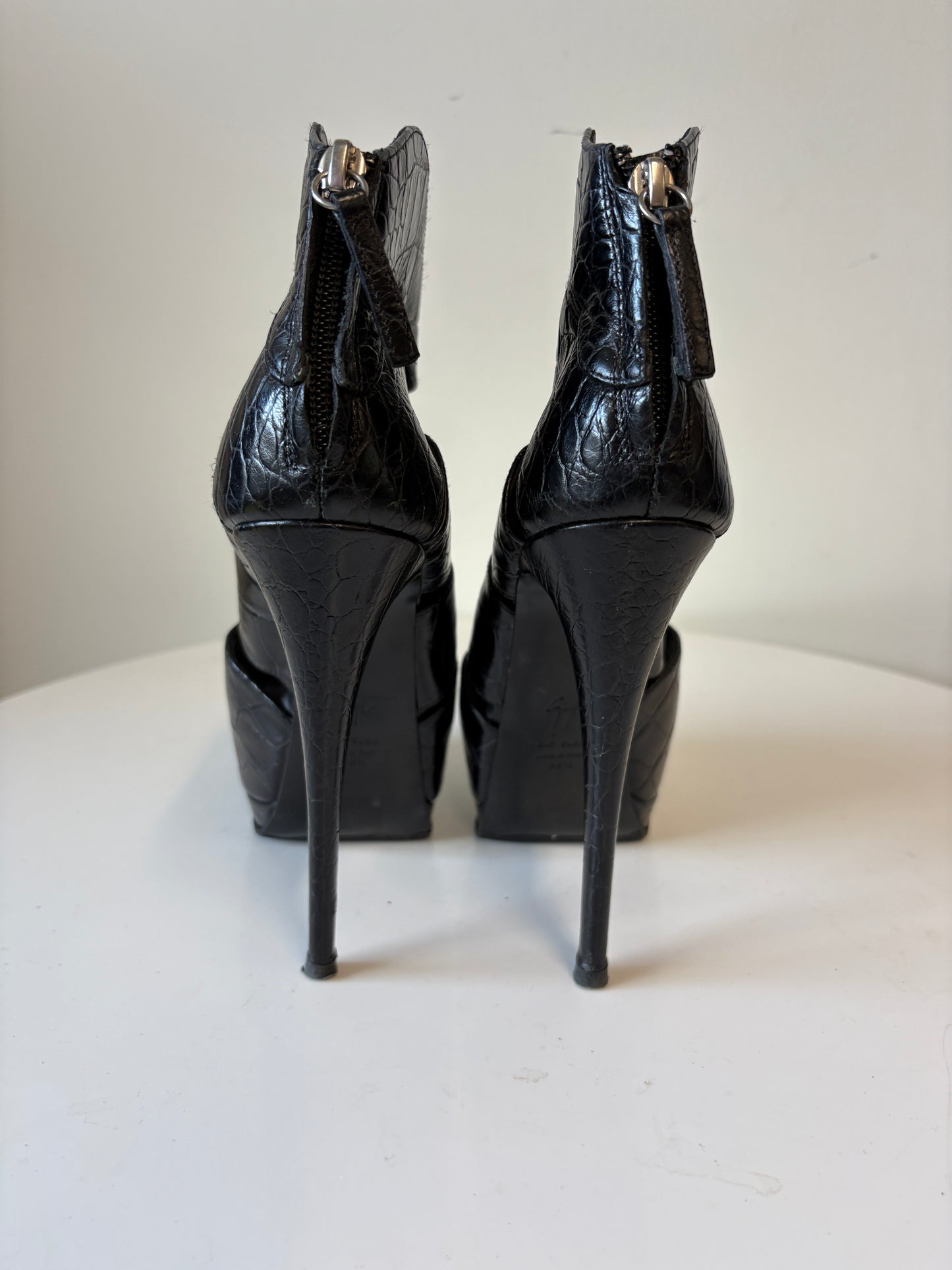 Guiseppe Zanotti Black Leather Croc Cut Out Heel Boots